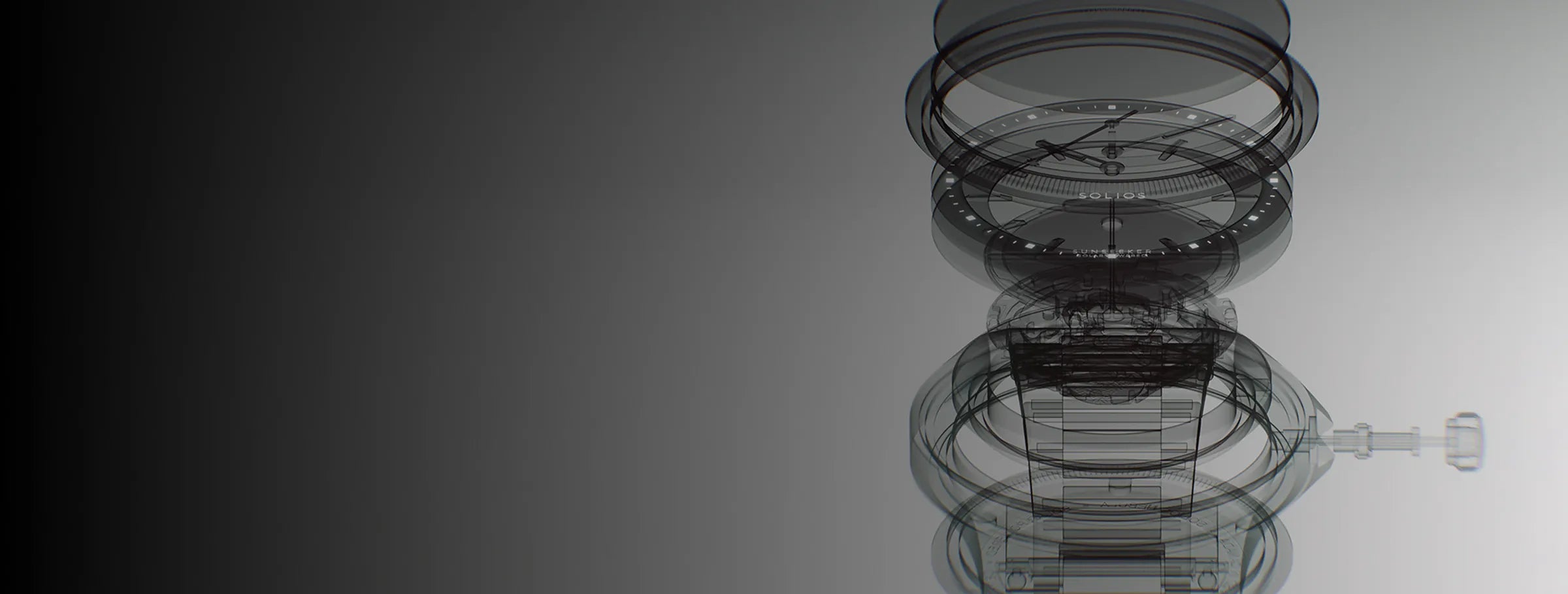 X-ray-style transparent exploded view of a Solios Sunseeker watch