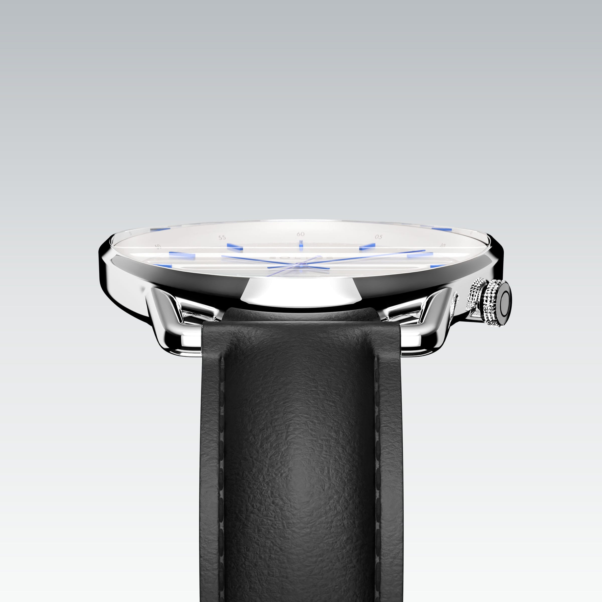 Edge view of the Solios Solar Curve's curved sapphire crystal, white dial and slim silver case, black vegan leather strap