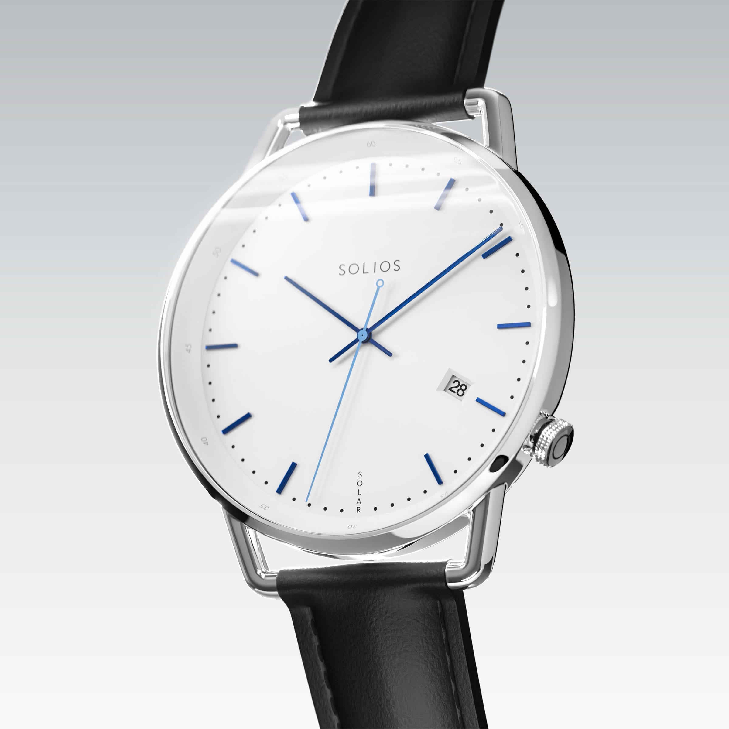 Solios Solar Curve, white dial and silver case, at a three-quarter angle, blue hands and indices, date calendar, curved sapphire crystal, black vegan leather strap