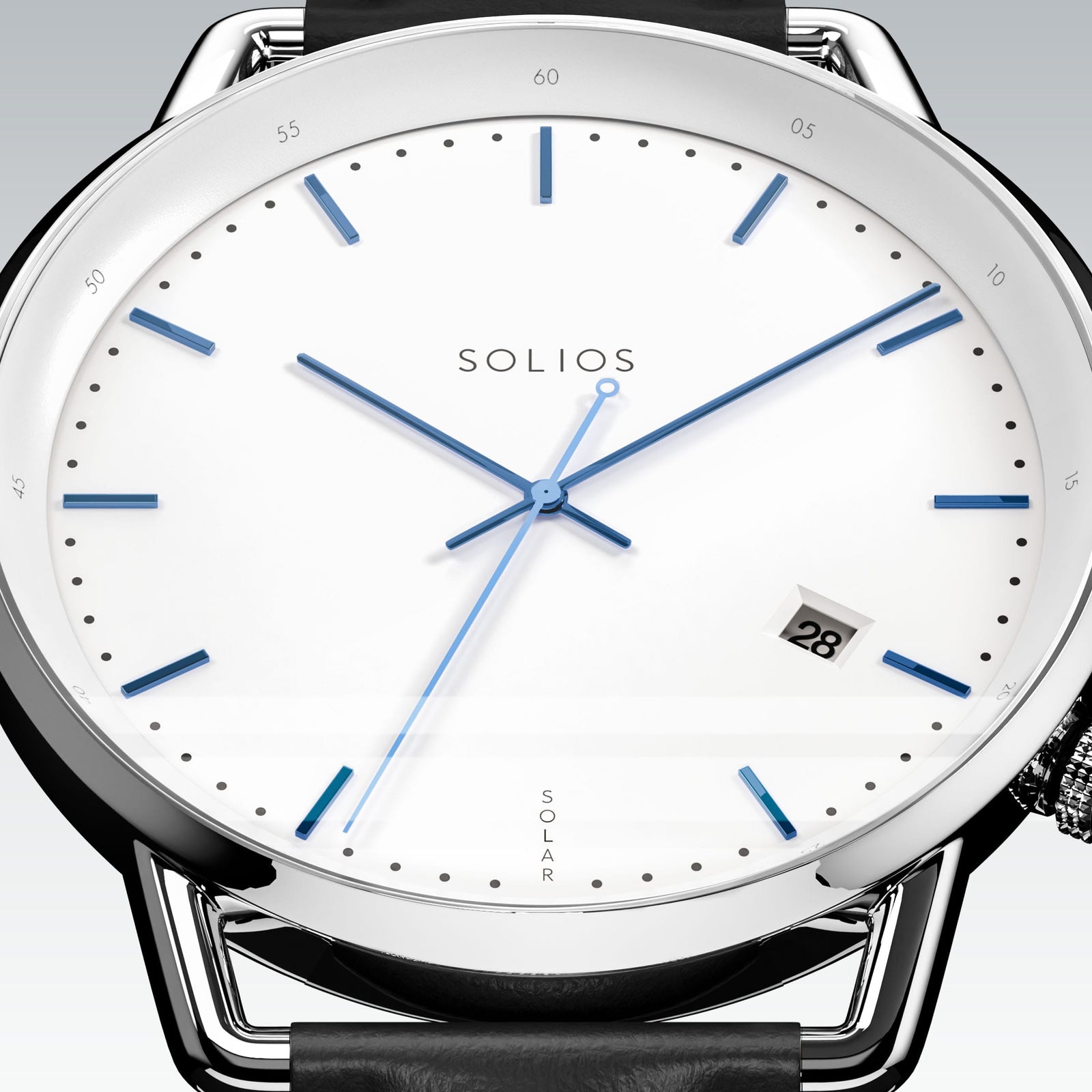 Close-up of the Solios Solar Curve white dial with blue hands, date and SOLAR text, black vegan leather strap
