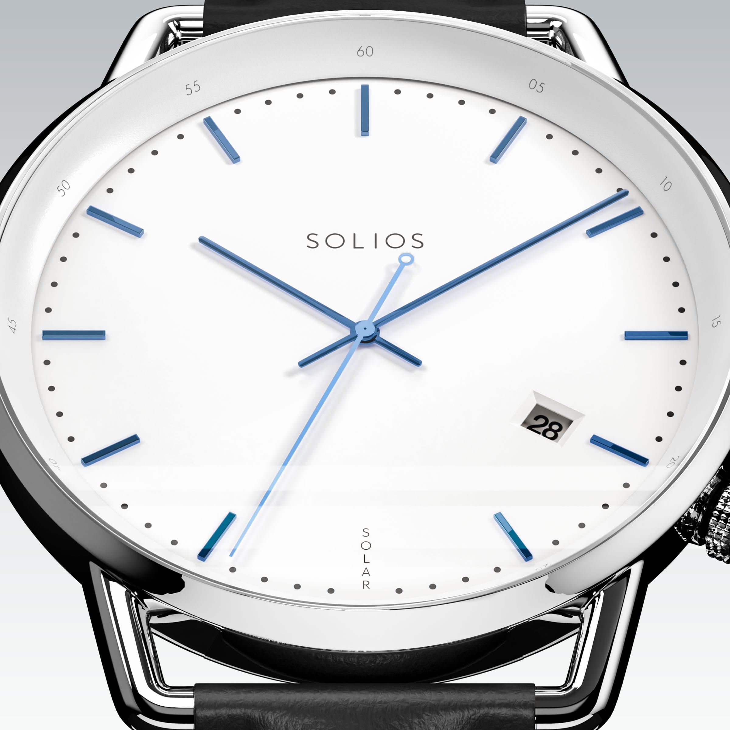 Close-up of the Solios Solar Curve white dial with blue hands, date and SOLAR text, black vegan leather strap