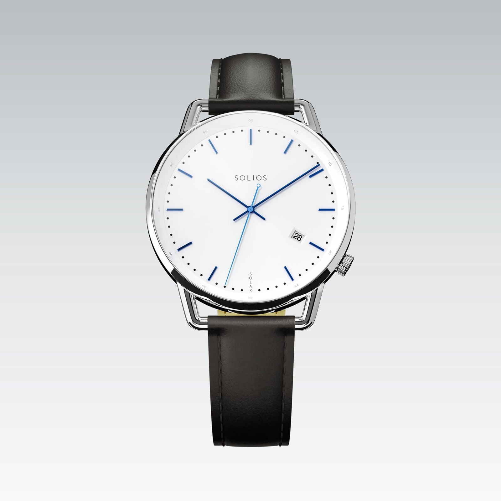 Solios Solar Curve watch, white dial and silver 40mm case, on a black vegan leather strap, front view