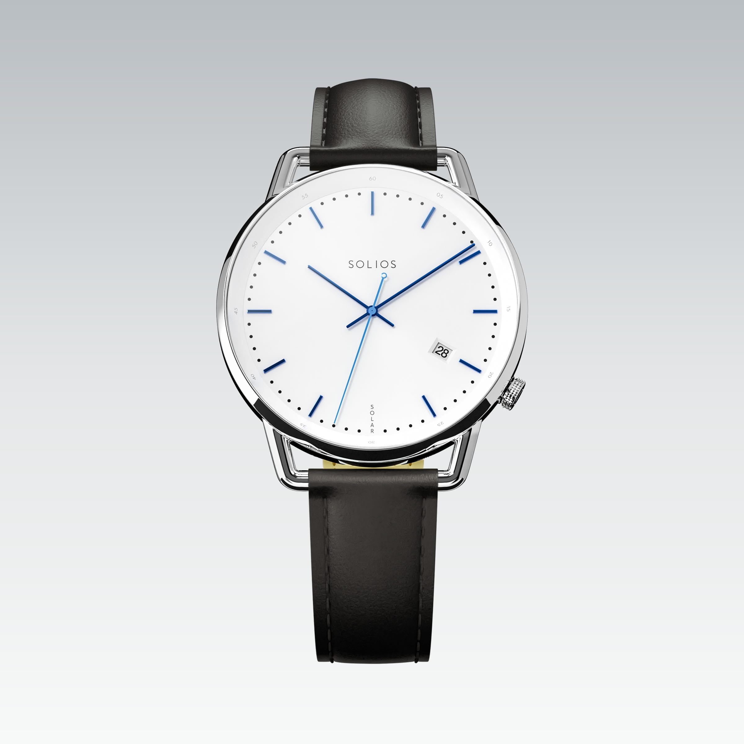 Solios Solar Curve watch, white dial and silver 40mm case, on a black vegan leather strap, front view