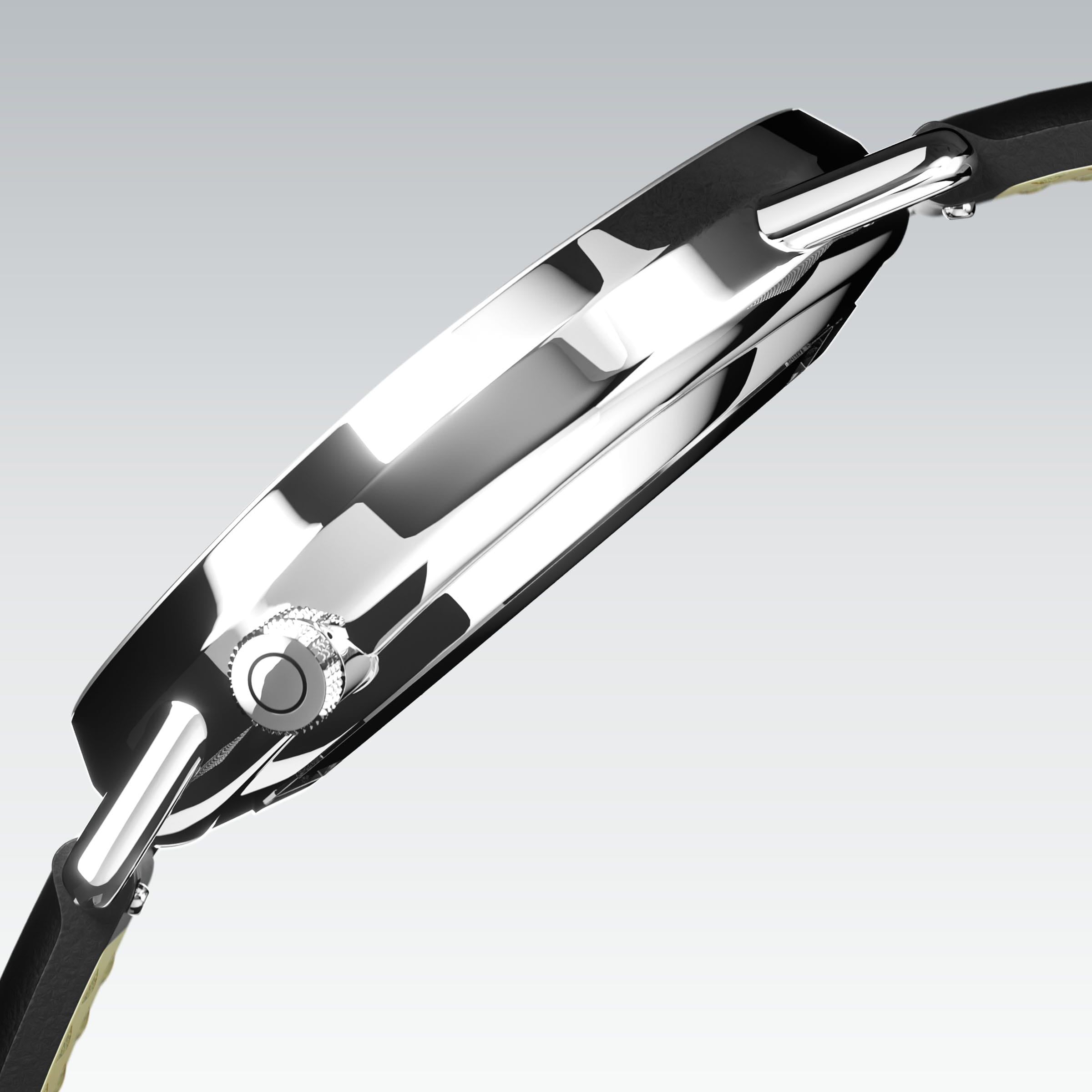 Side profile of the Solios Solar Curve, white dial and silver case, showing its curved sapphire crystal and crown, black vegan leather strap