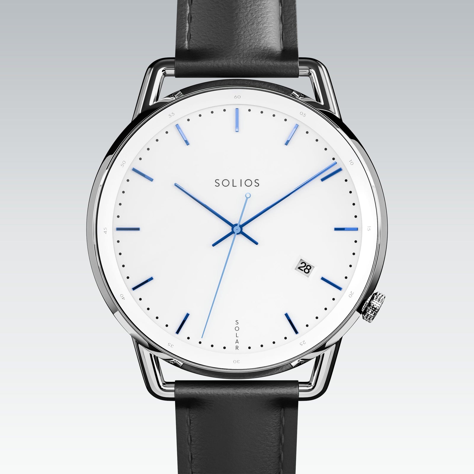 Solios Solar Curve solar watch, white dial and silver 40mm case, black vegan leather strap, close up front view