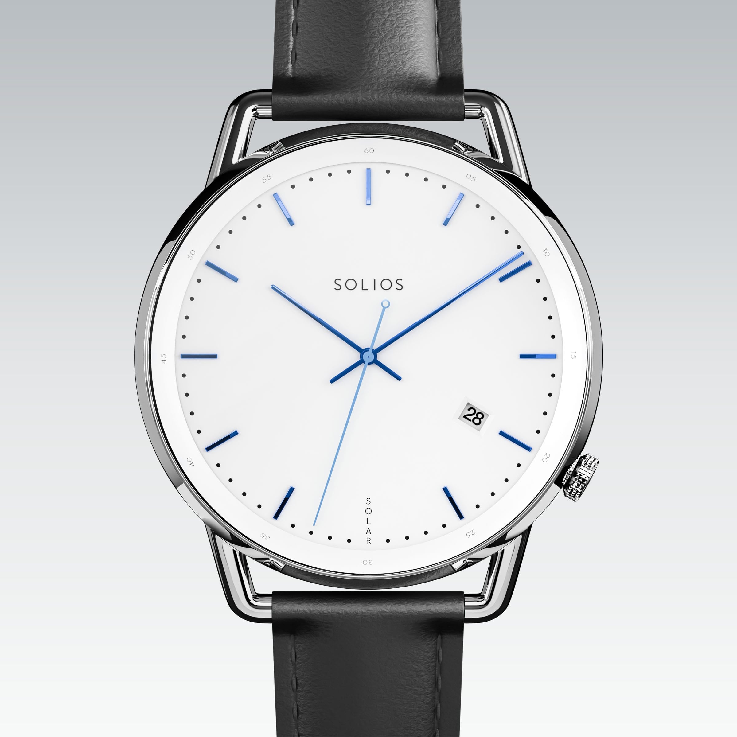 Solios Solar Curve solar watch, white dial and silver 40mm case, black vegan leather strap, close up front view