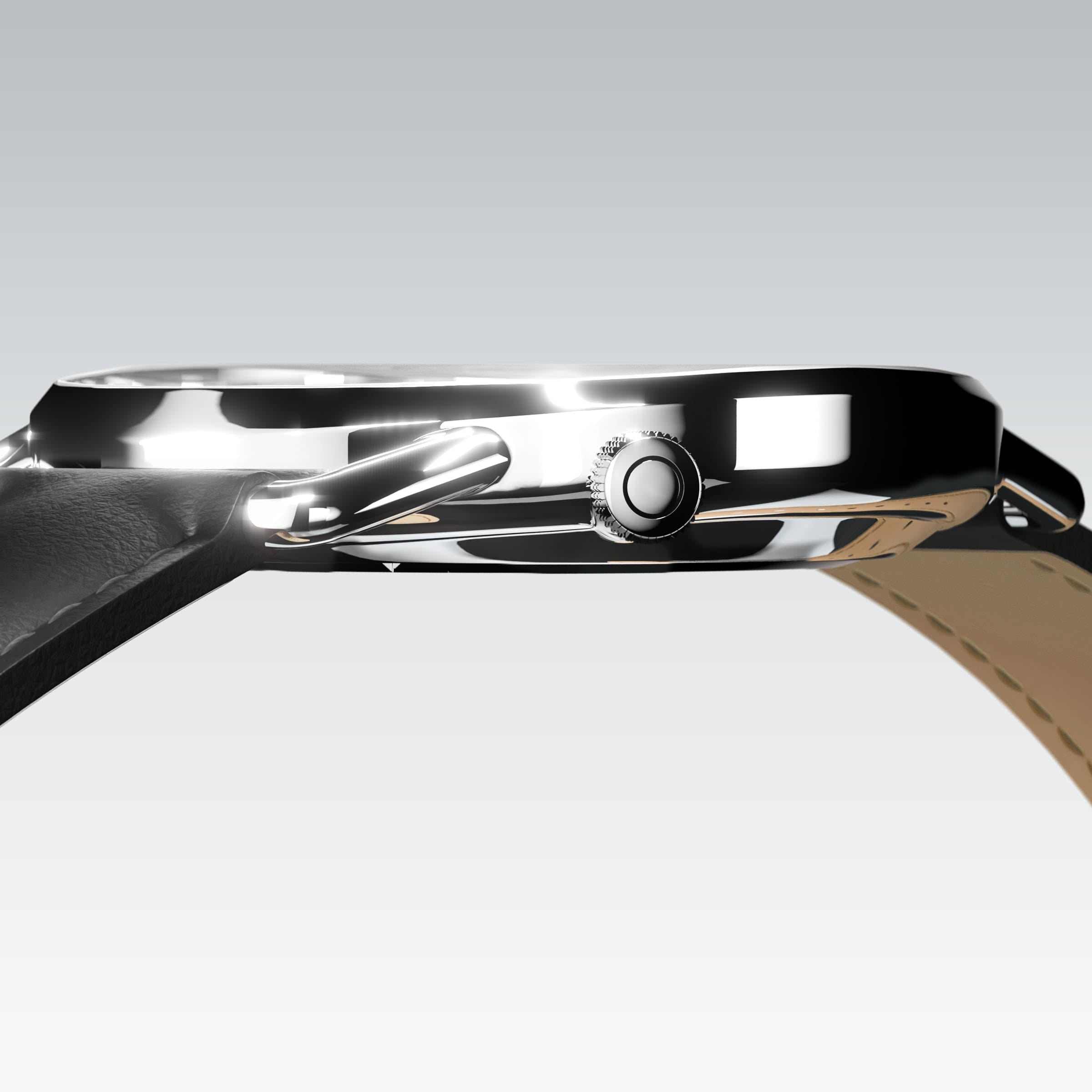 Side profile of the slim Solios Solar Curve, 10mm-thin silver case and crown, the white dial variation, black vegan leather strap