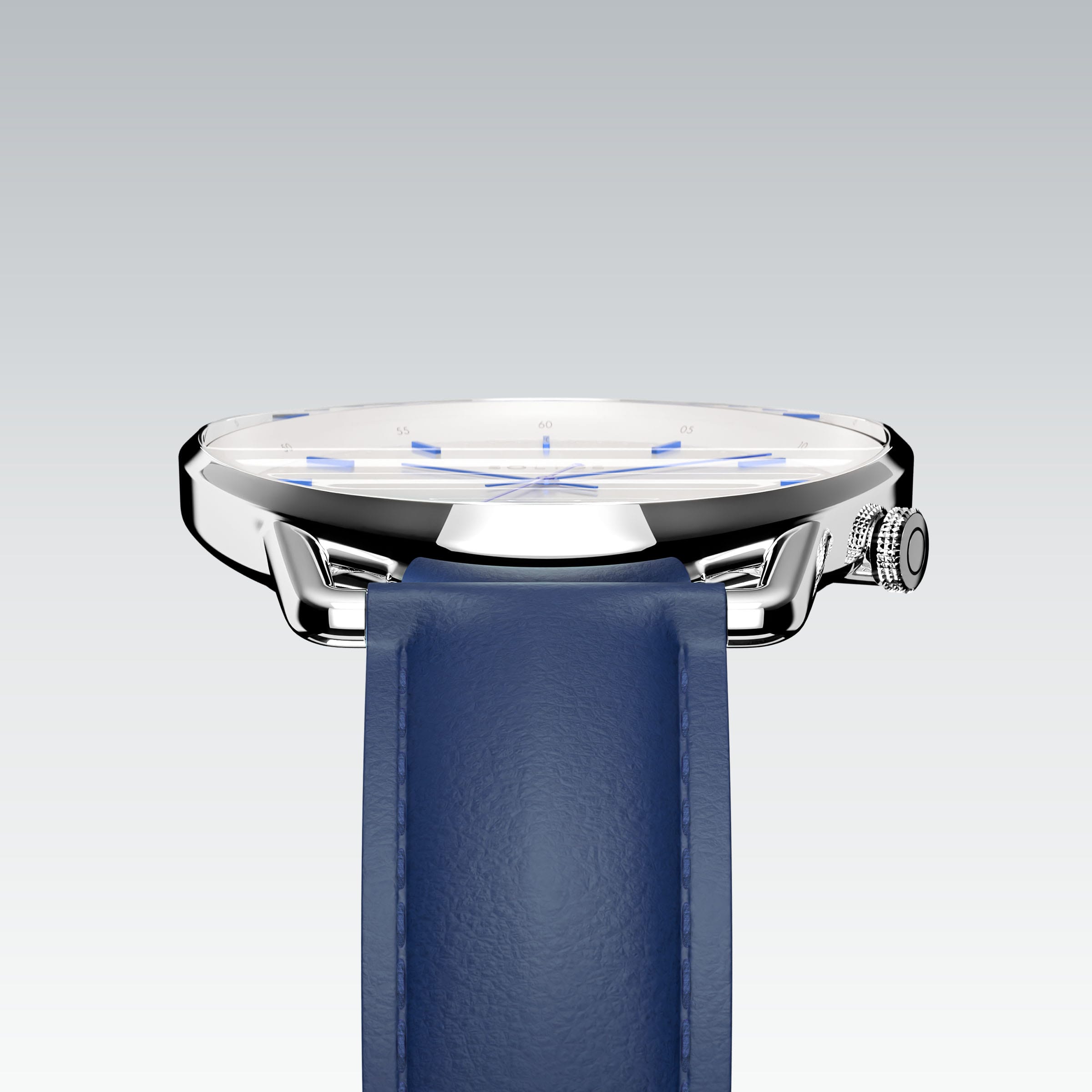 Edge view of the Solios Solar Curve's curved sapphire crystal, white dial and slim silver case, blue vegan leather strap