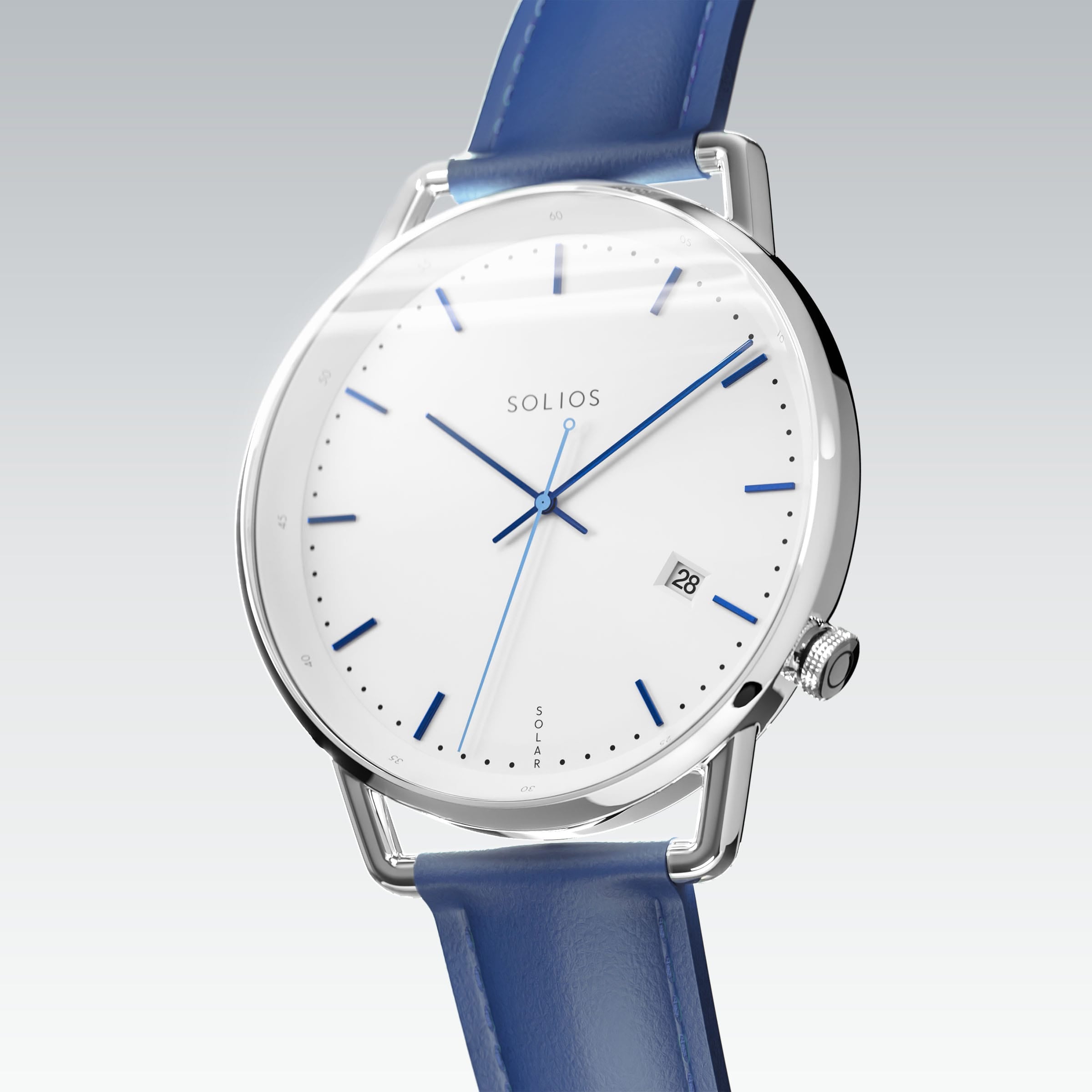 Solios Solar Curve, white dial and silver case, at a three-quarter angle, blue hands and indices, date calendar, curved sapphire crystal, blue vegan leather strap