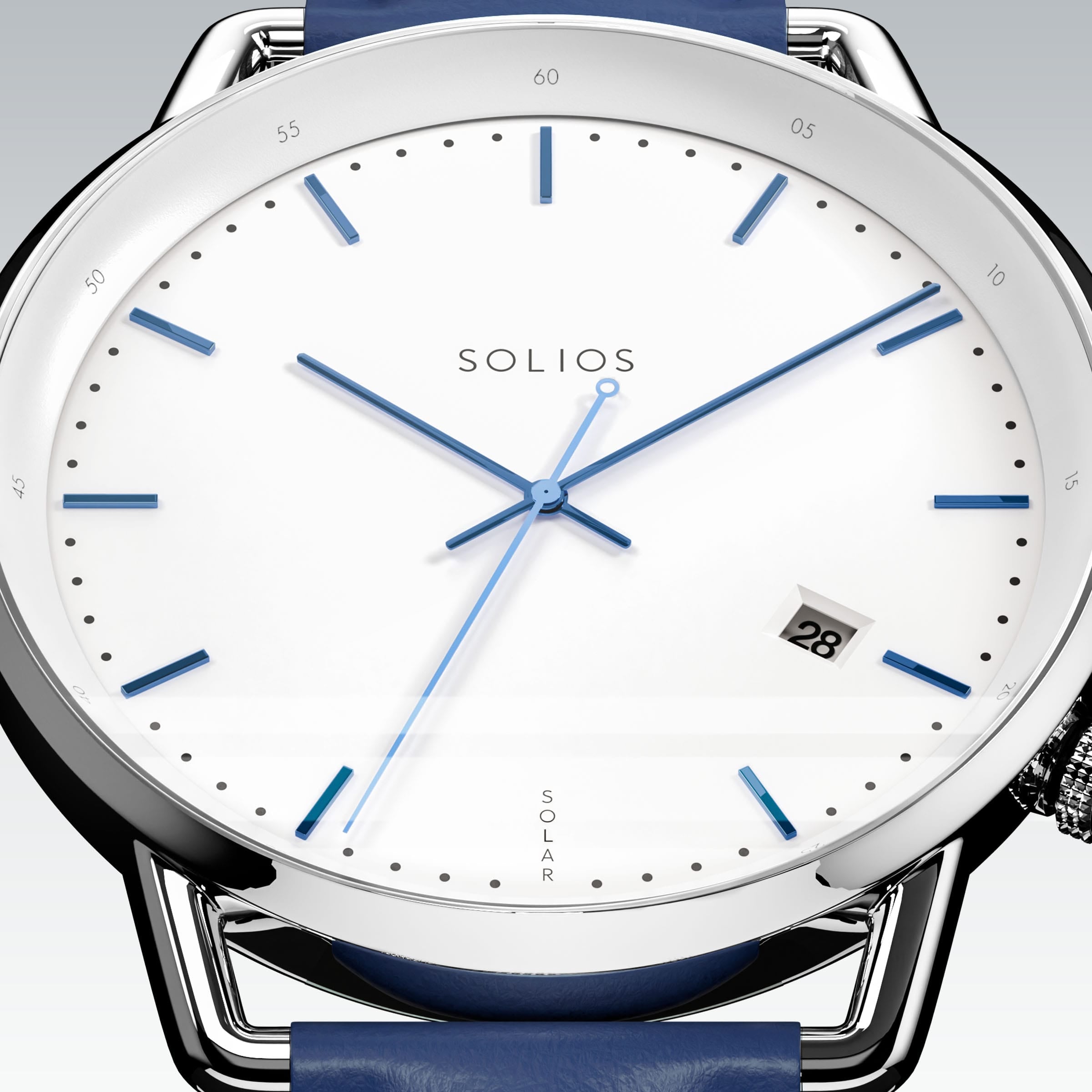 Close-up of the Solios Solar Curve white dial with blue hands, date and SOLAR text, blue vegan leather strap