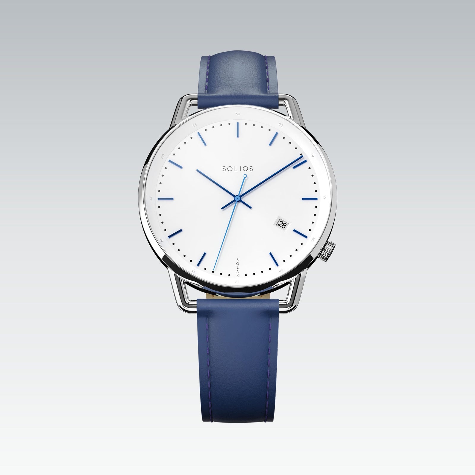 Solios Solar Curve watch, white dial and silver 40mm case, on a blue vegan leather strap, front view