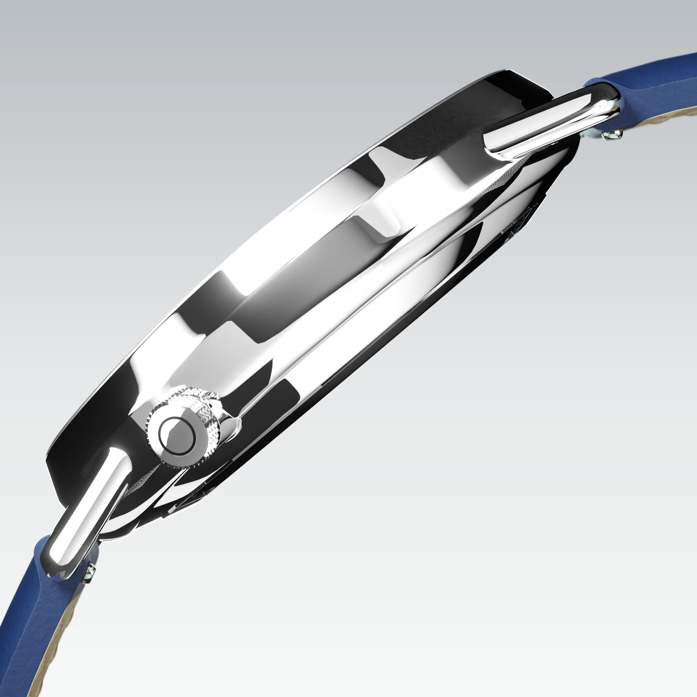 Side profile of the Solios Solar Curve, white dial and silver case, showing its curved sapphire crystal and crown, blue vegan leather strap