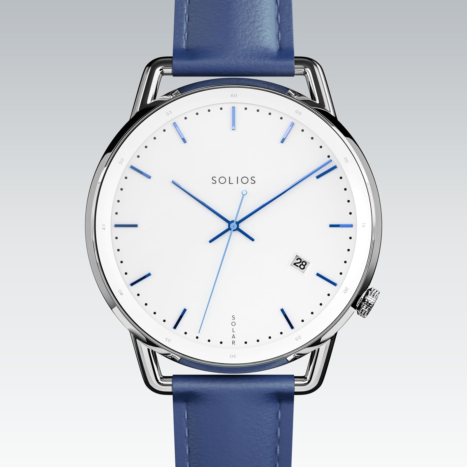 Solios Solar Curve solar watch, white dial and silver 40mm case, blue vegan leather strap, close up front view