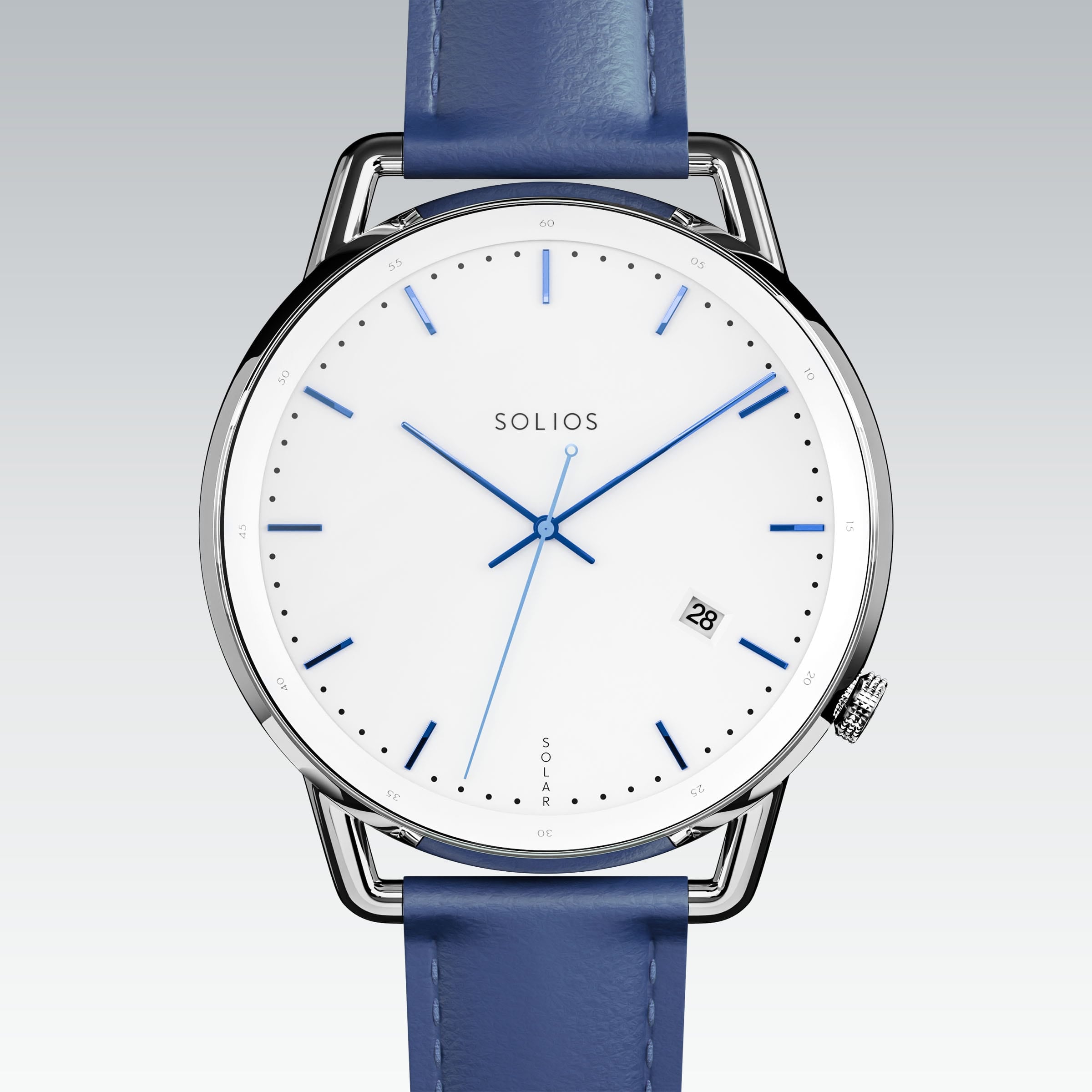 Solios Solar Curve solar watch, white dial and silver 40mm case, blue vegan leather strap, close up front view
