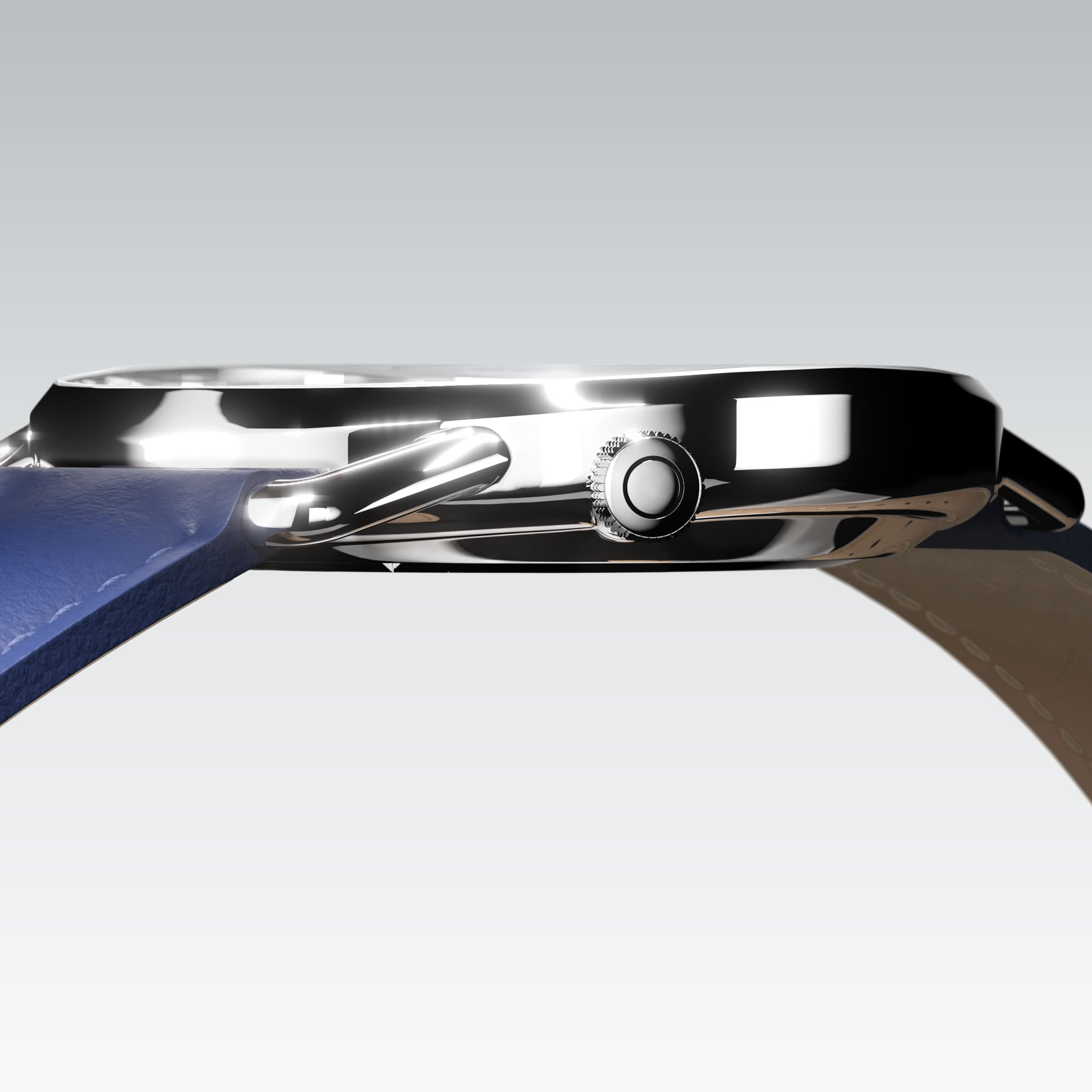 Side profile of the slim Solios Solar Curve, 10mm-thin silver case and crown, the white dial variation, blue vegan leather strap