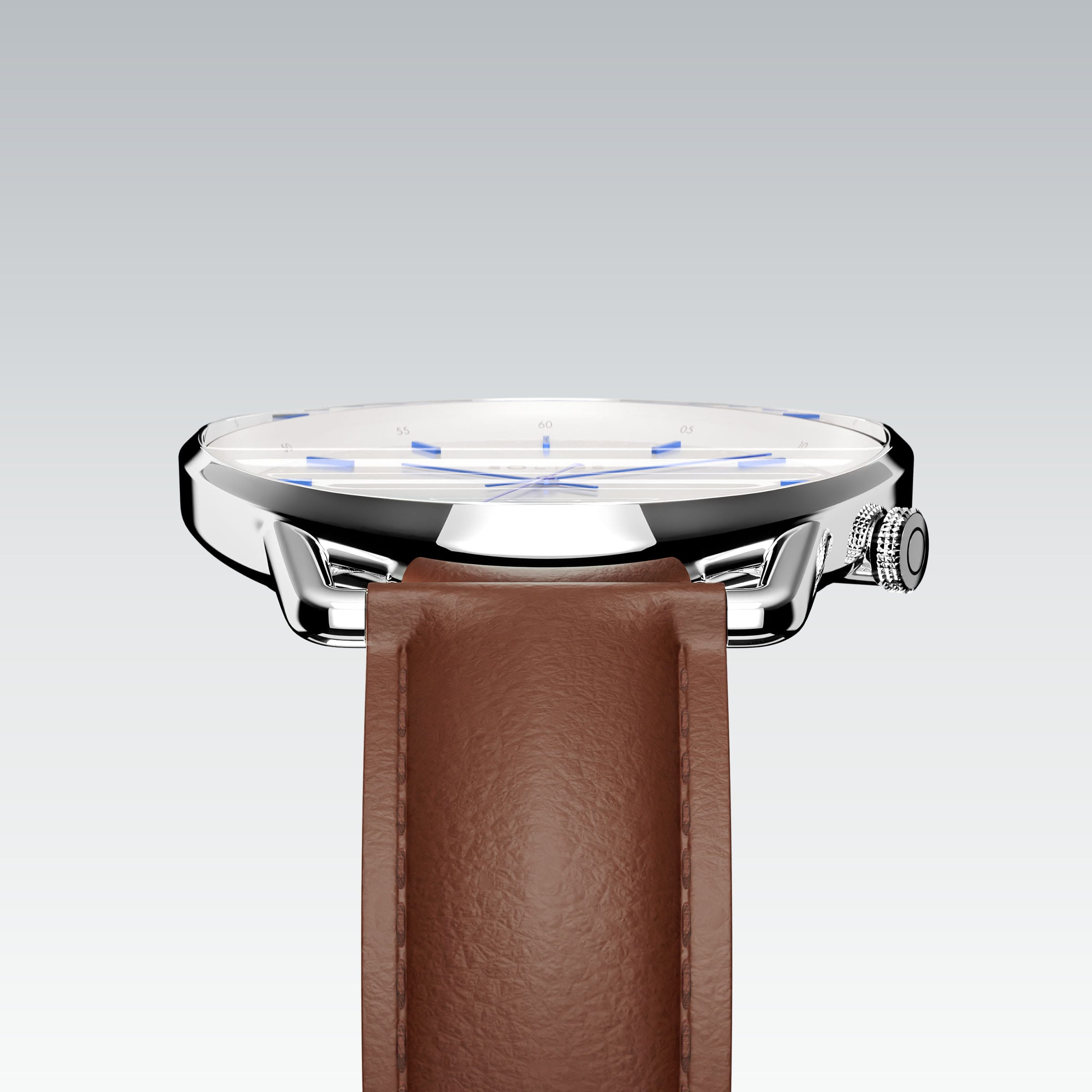 Edge view of the Solios Solar Curve's curved sapphire crystal, white dial and slim silver case, brown vegan leather strap