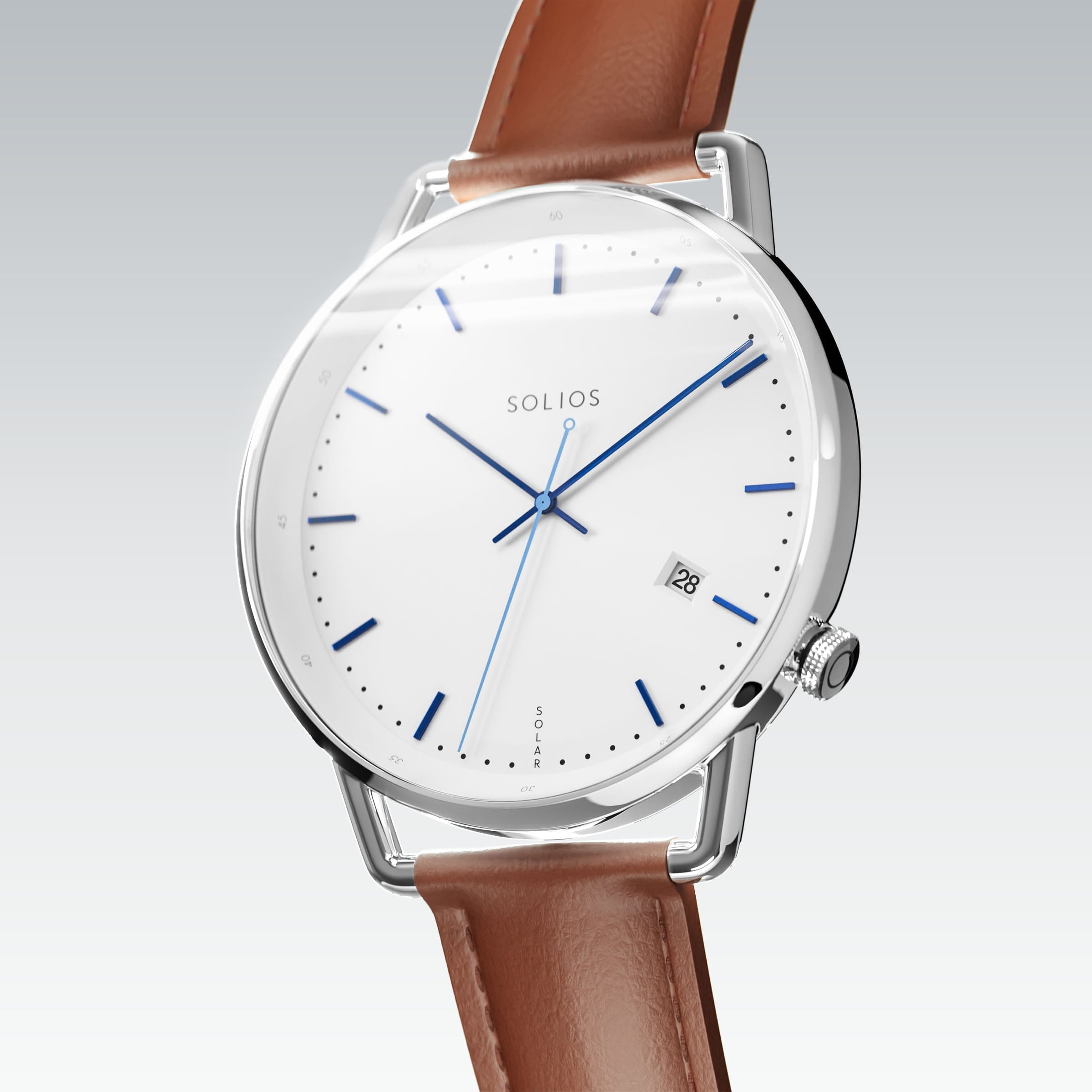 Solios Solar Curve, white dial and silver case, at a three-quarter angle, blue hands and indices, date calendar, curved sapphire crystal, brown vegan leather strap