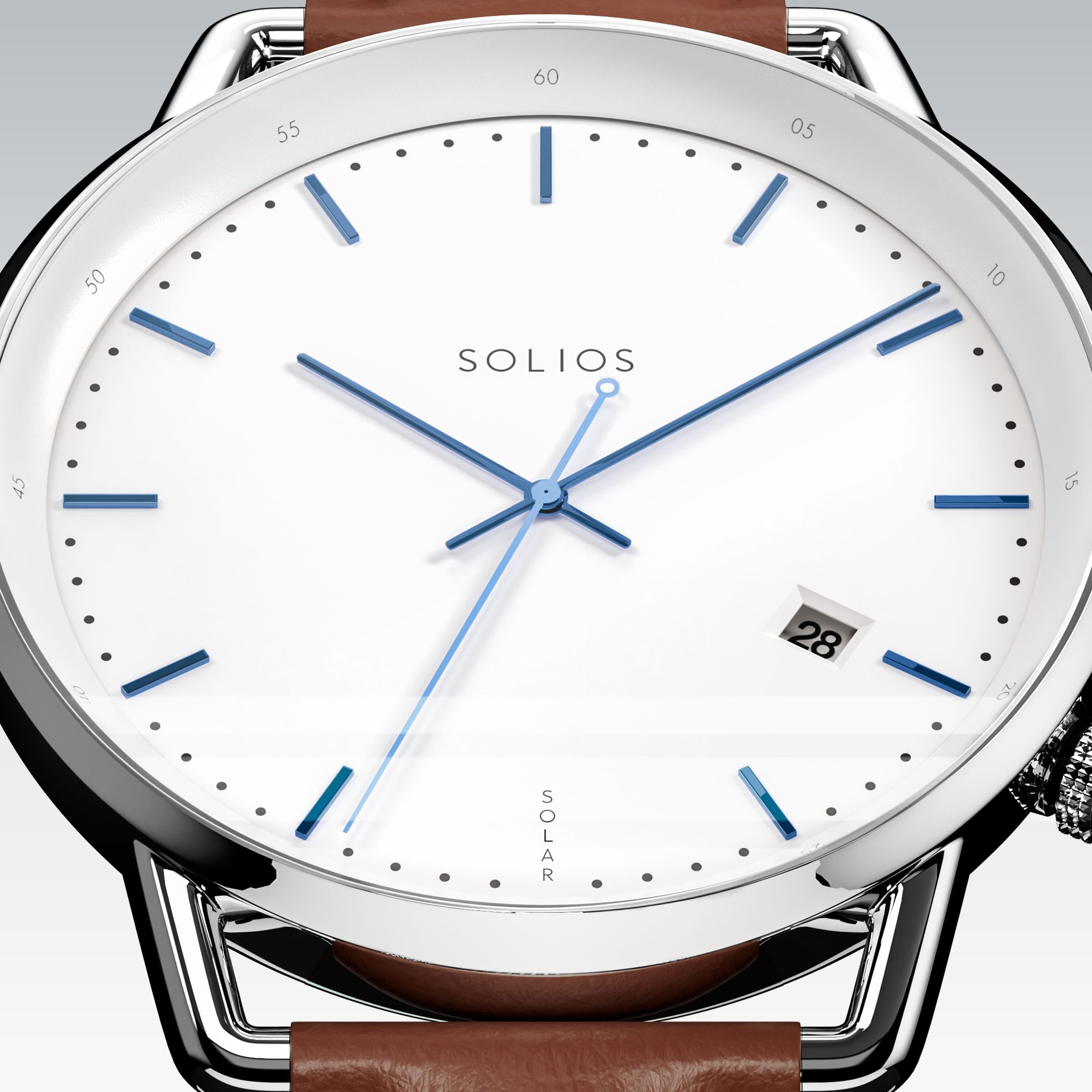 Close-up of the Solios Solar Curve white dial with blue hands, date and SOLAR text, brown vegan leather strap