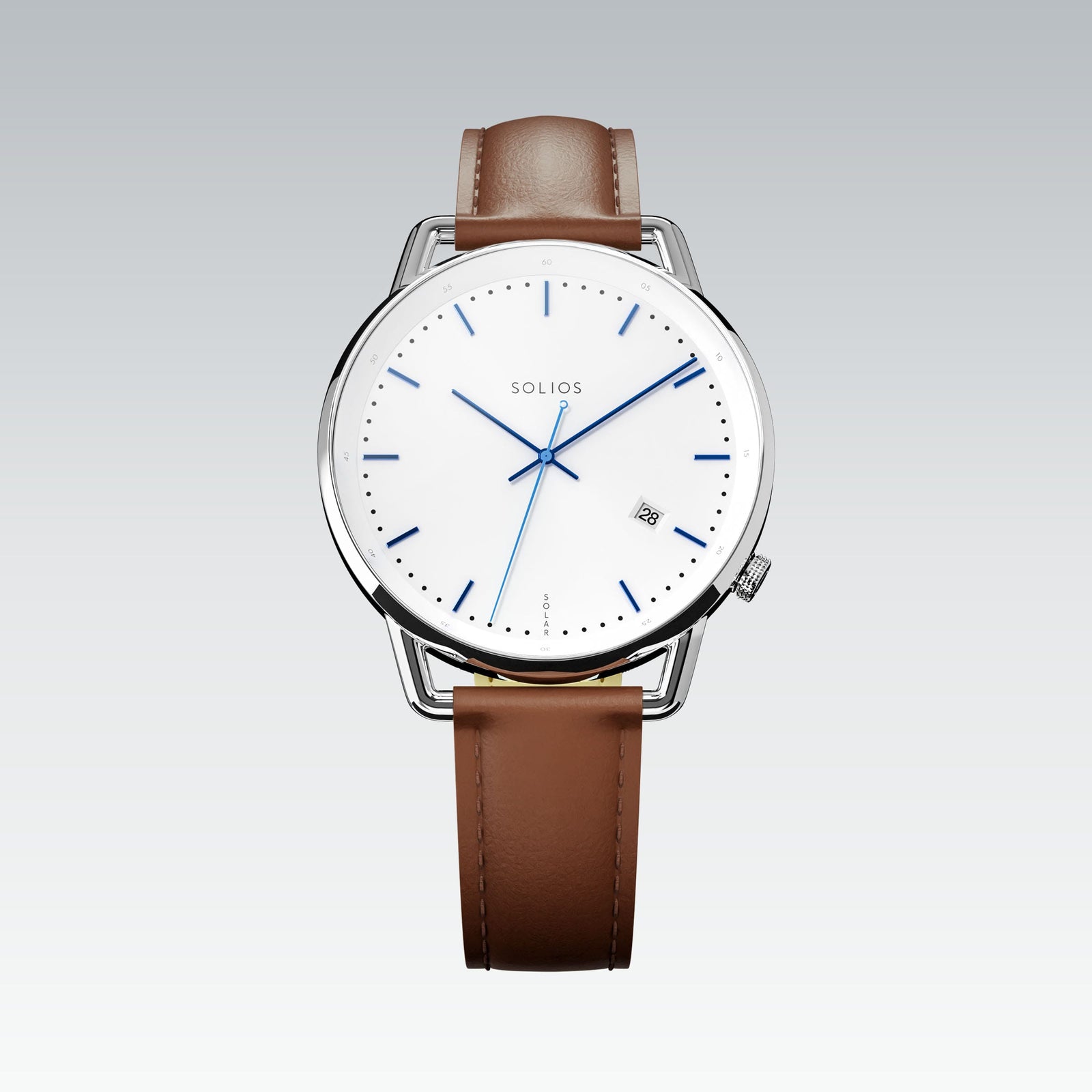 Solios Solar Curve watch, white dial and silver 40mm case, on a brown vegan leather strap, front view