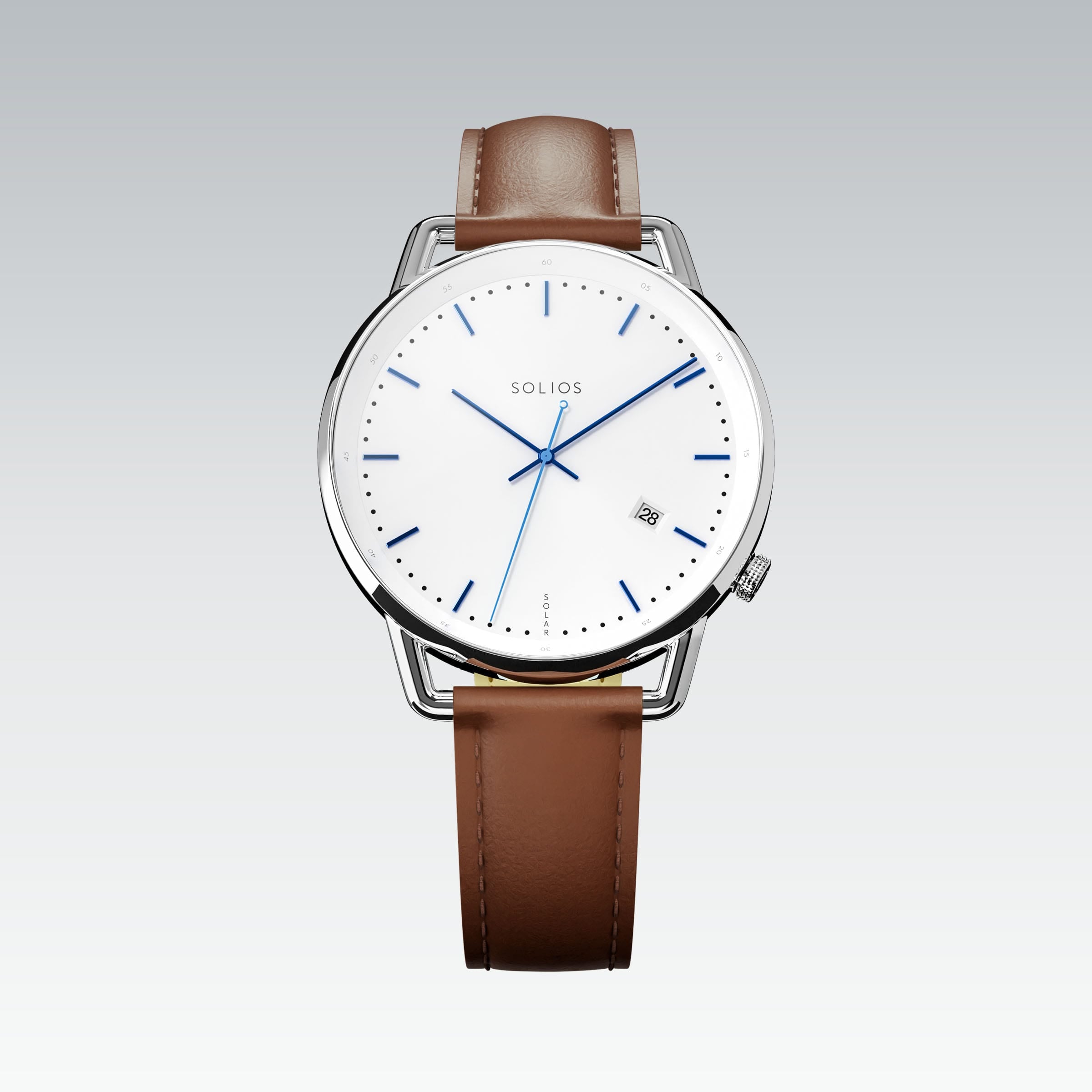 Solios Solar Curve watch, white dial and silver 40mm case, on a brown vegan leather strap, front view