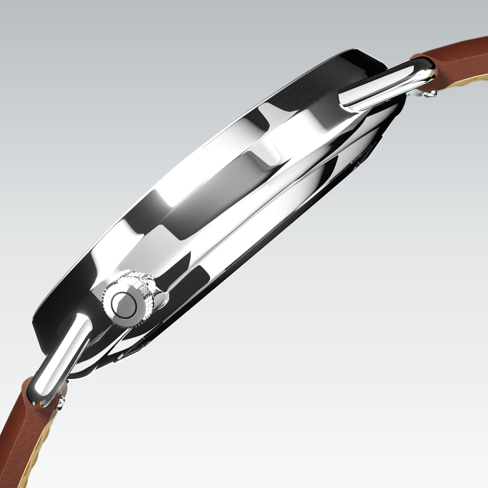 Side profile of the Solios Solar Curve, white dial and silver case, showing its curved sapphire crystal and crown, brown vegan leather strap
