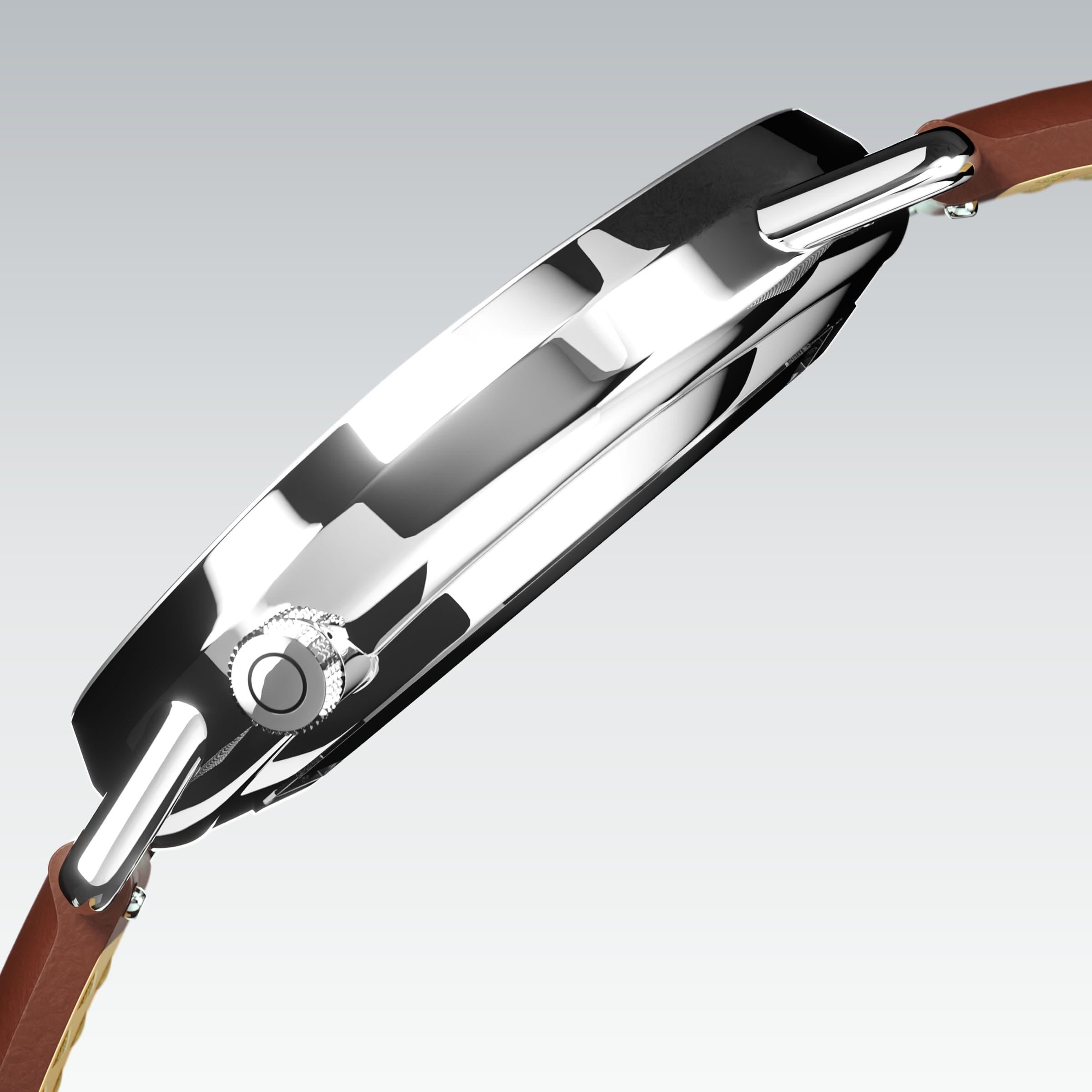 Side profile of the Solios Solar Curve, white dial and silver case, showing its curved sapphire crystal and crown, brown vegan leather strap