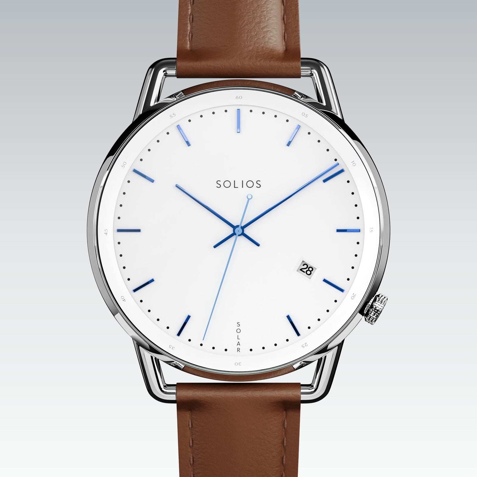 Solios Solar Curve solar watch, white dial and silver 40mm case, brown vegan leather strap, close up front view