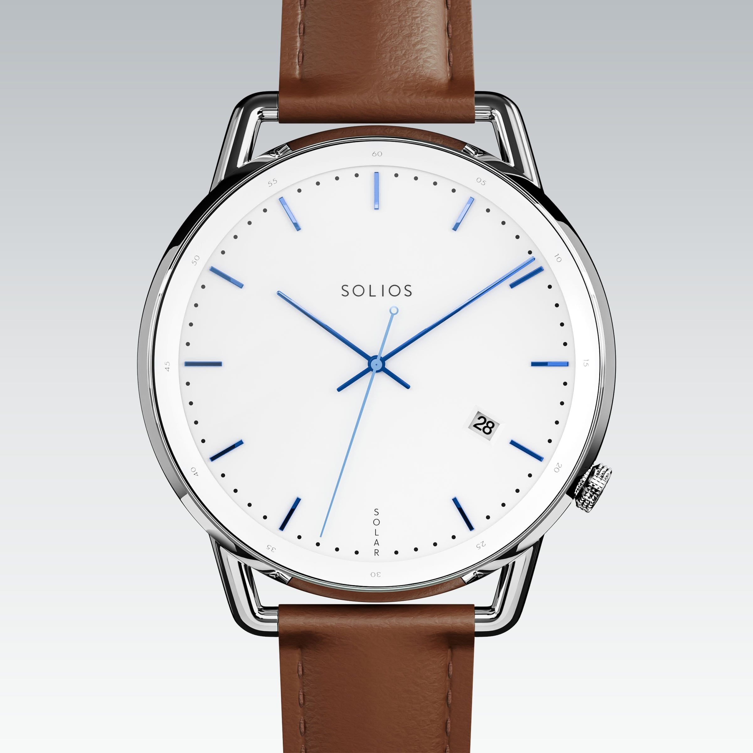 Solios Solar Curve solar watch, white dial and silver 40mm case, brown vegan leather strap, close up front view