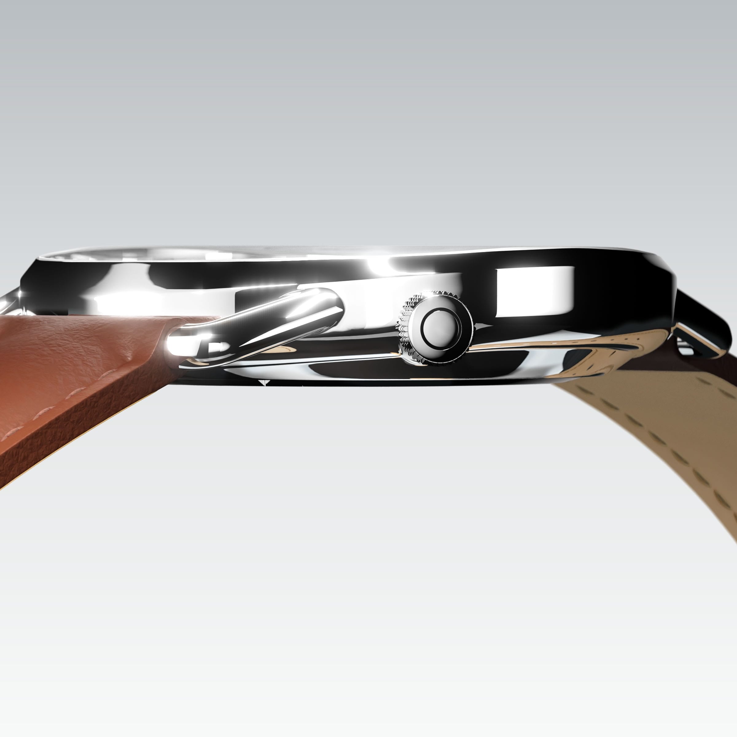 Side profile of the slim Solios Solar Curve, 10mm-thin silver case and crown, the white dial variation, brown vegan leather strap