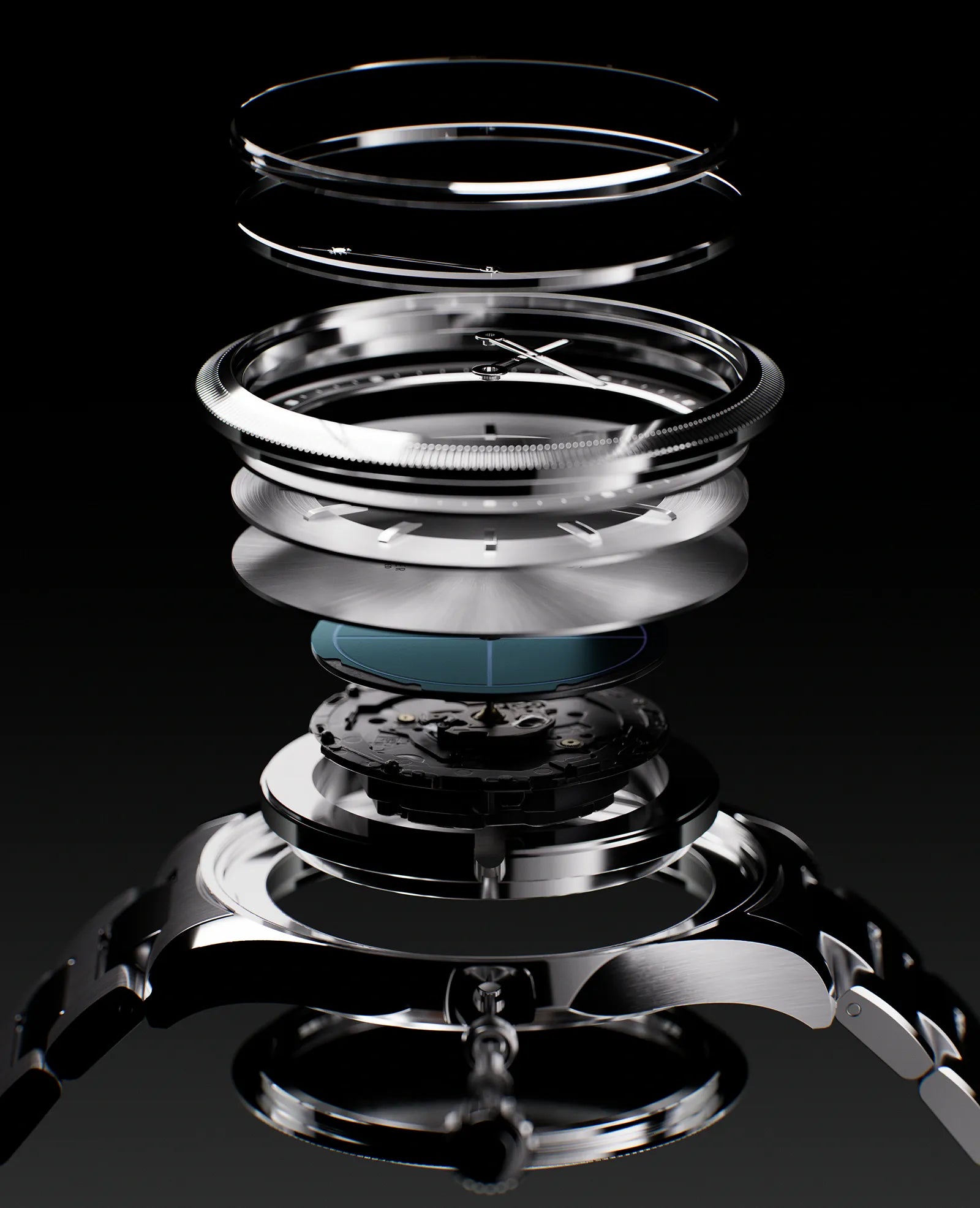 Exploded view of a Solios solar watch on black, showing the blue rechargeable solar cell inside