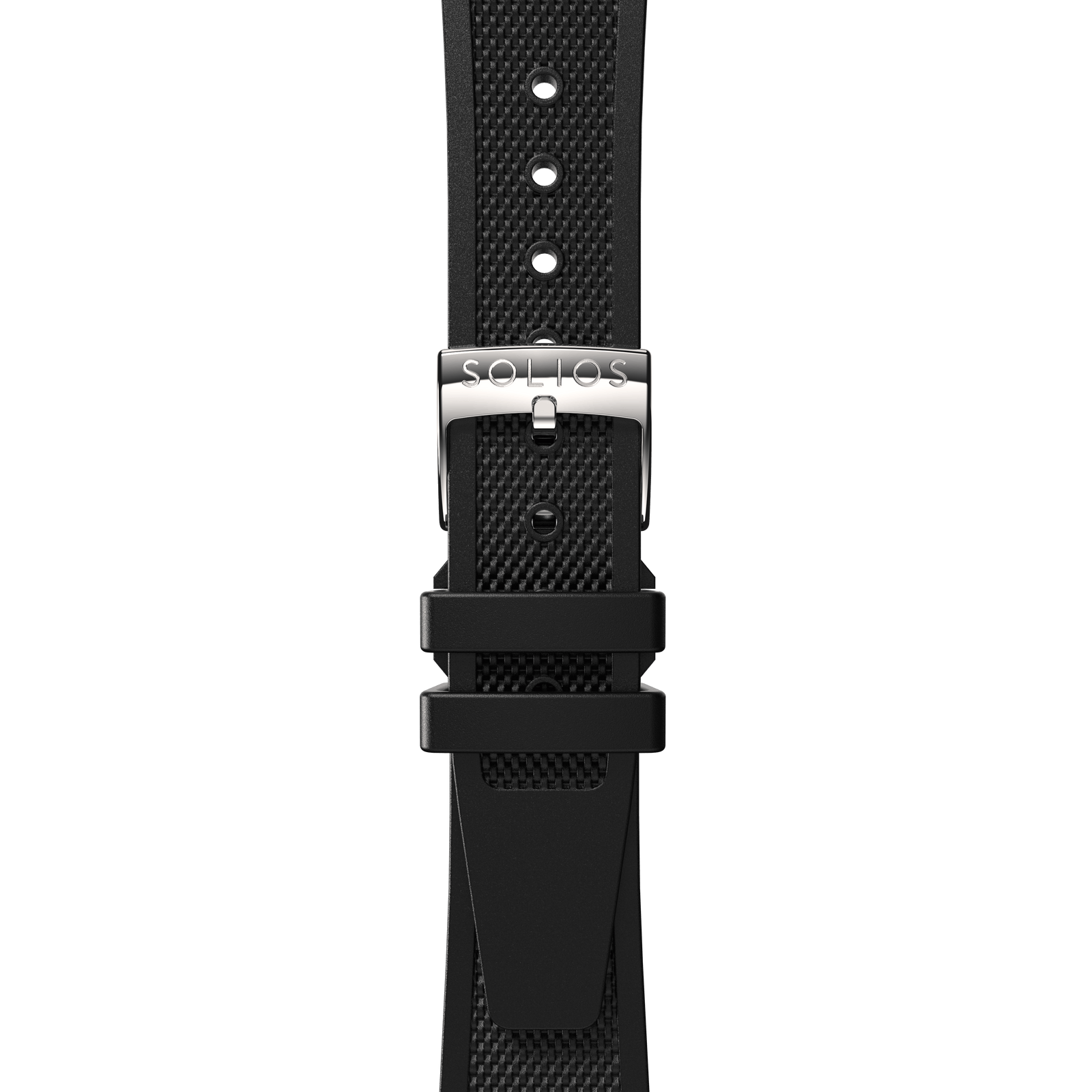 Black Natural Rubber strap attached from the front with a silver Solios buckle.
