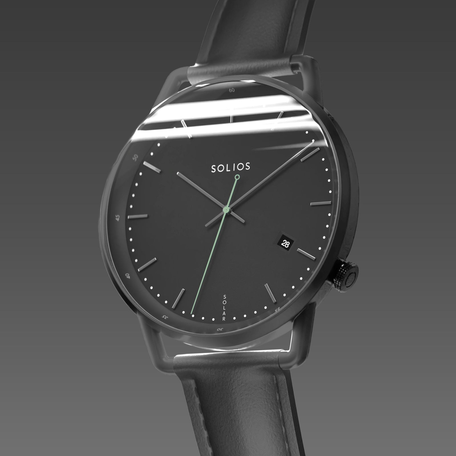 Solios Solar Curve, black dial and mat black case, at a three-quarter angle, silver hands and indices, green second hand, date calendar, curved sapphire crystal, black vegan leather strap