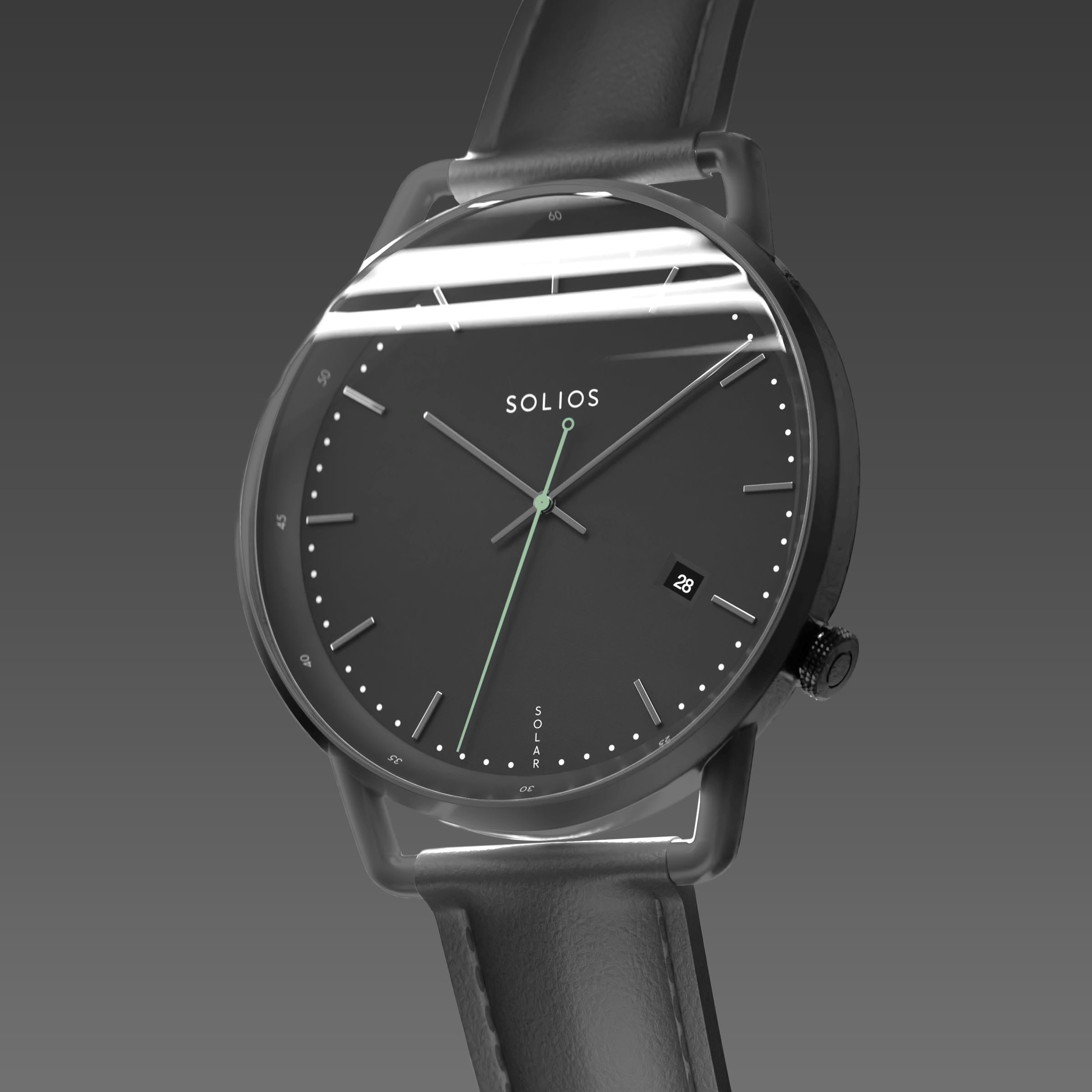Solios Solar Curve, black dial and mat black case, at a three-quarter angle, silver hands and indices, green second hand, date calendar, curved sapphire crystal, black vegan leather strap