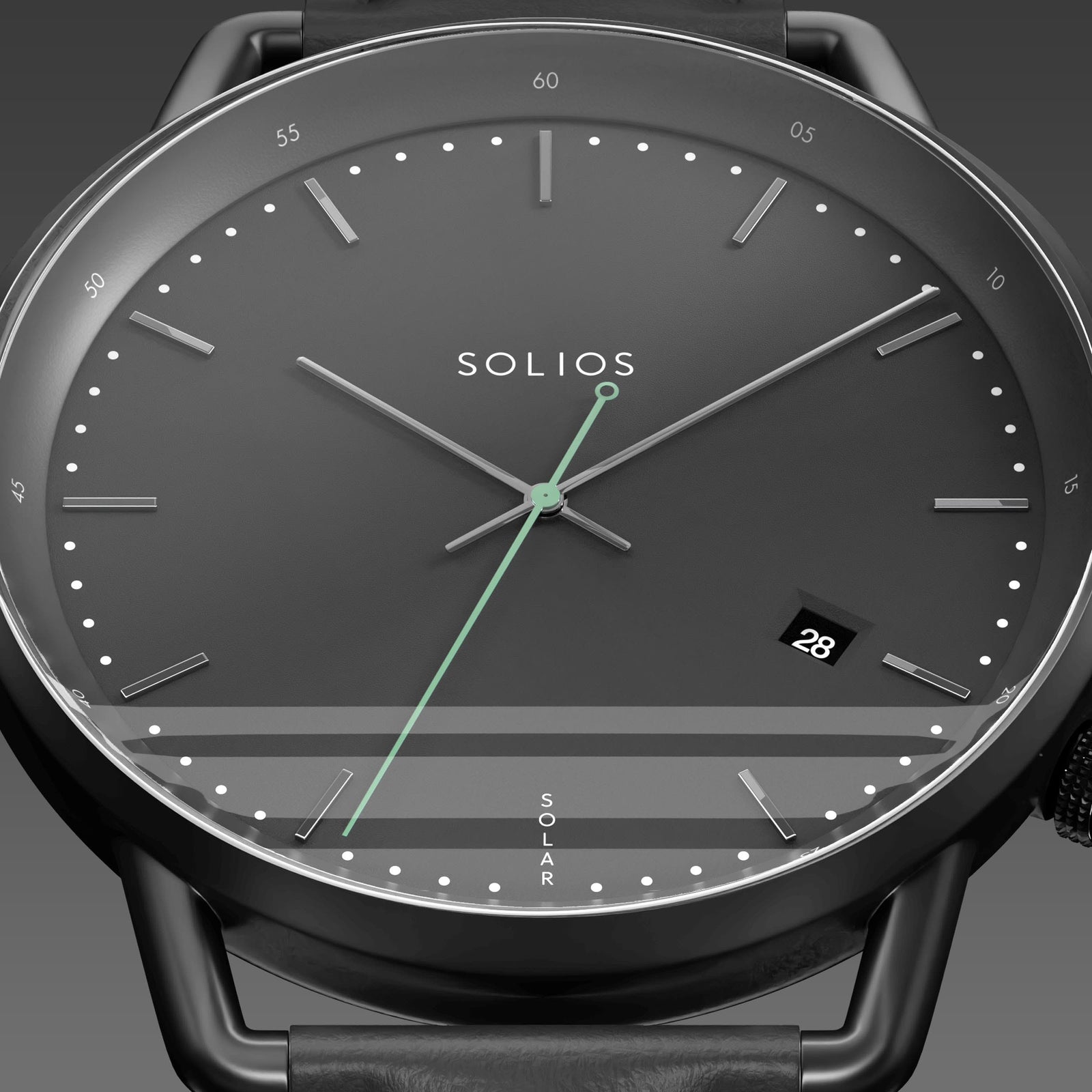 Close-up of the Solios Solar Curve black dial with silver hands hands, green second hand, date and SOLAR text, black eco vegan leather strap