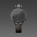 Solios Solar Curve watch, black dial and mat black 40mm case, on a black vegan leather strap, front view