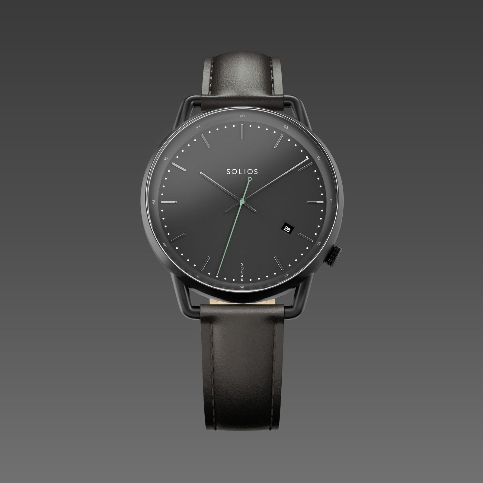 Solios Solar Curve watch, black dial and mat black 40mm case, on a black vegan leather strap, front view