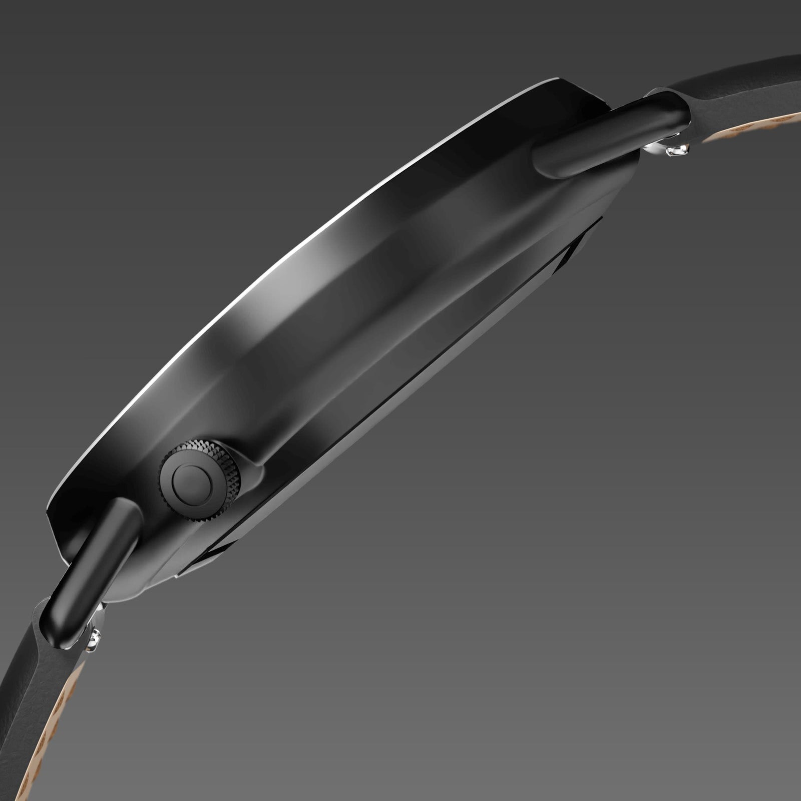 Side profile of the Solios Solar Curve, black dial and mat black case, showing its curved sapphire crystal and crown, black vegan leather strap