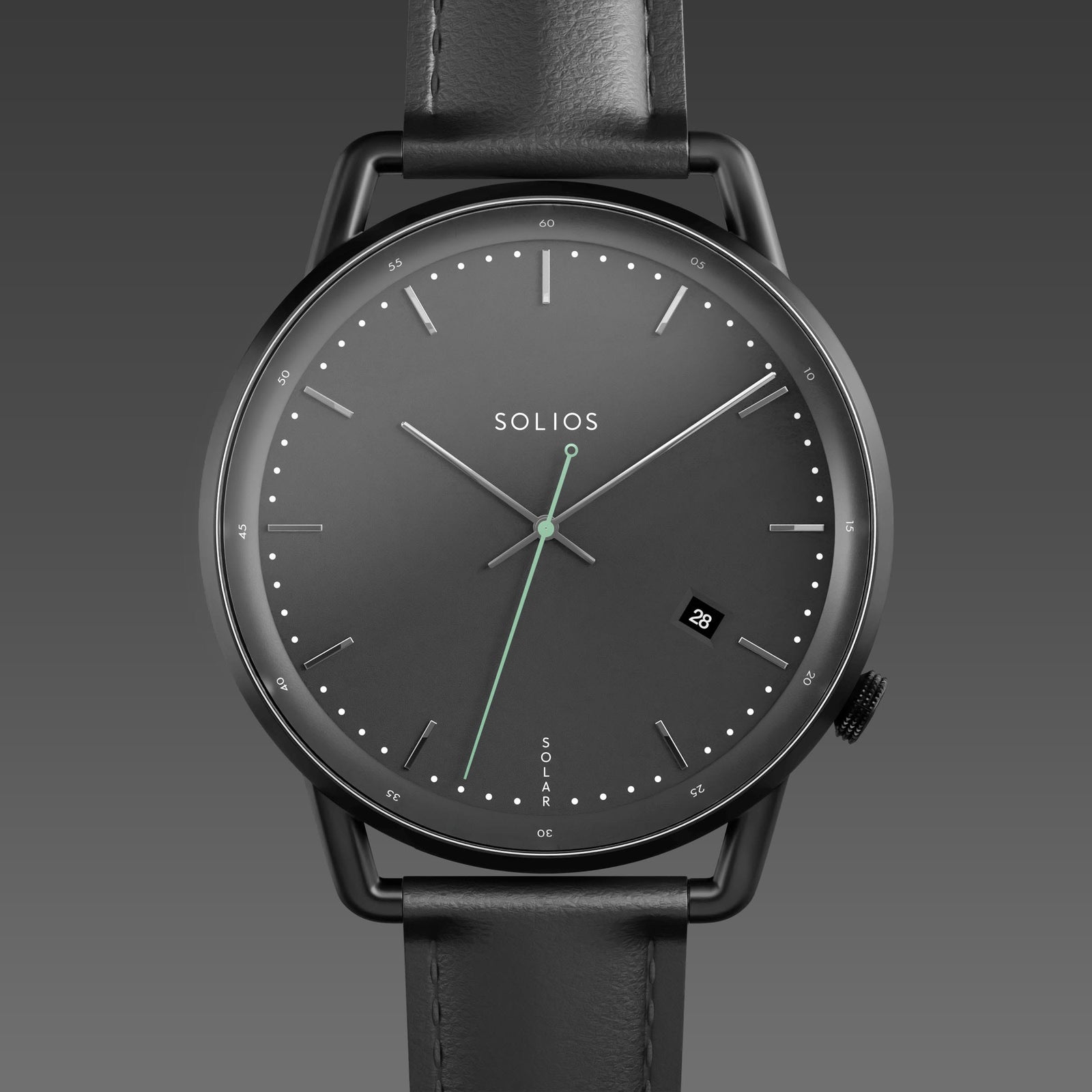 Solios Solar Curve solar watch, black dial and mat black 40mm case, black eco vegan leather strap, close up front view