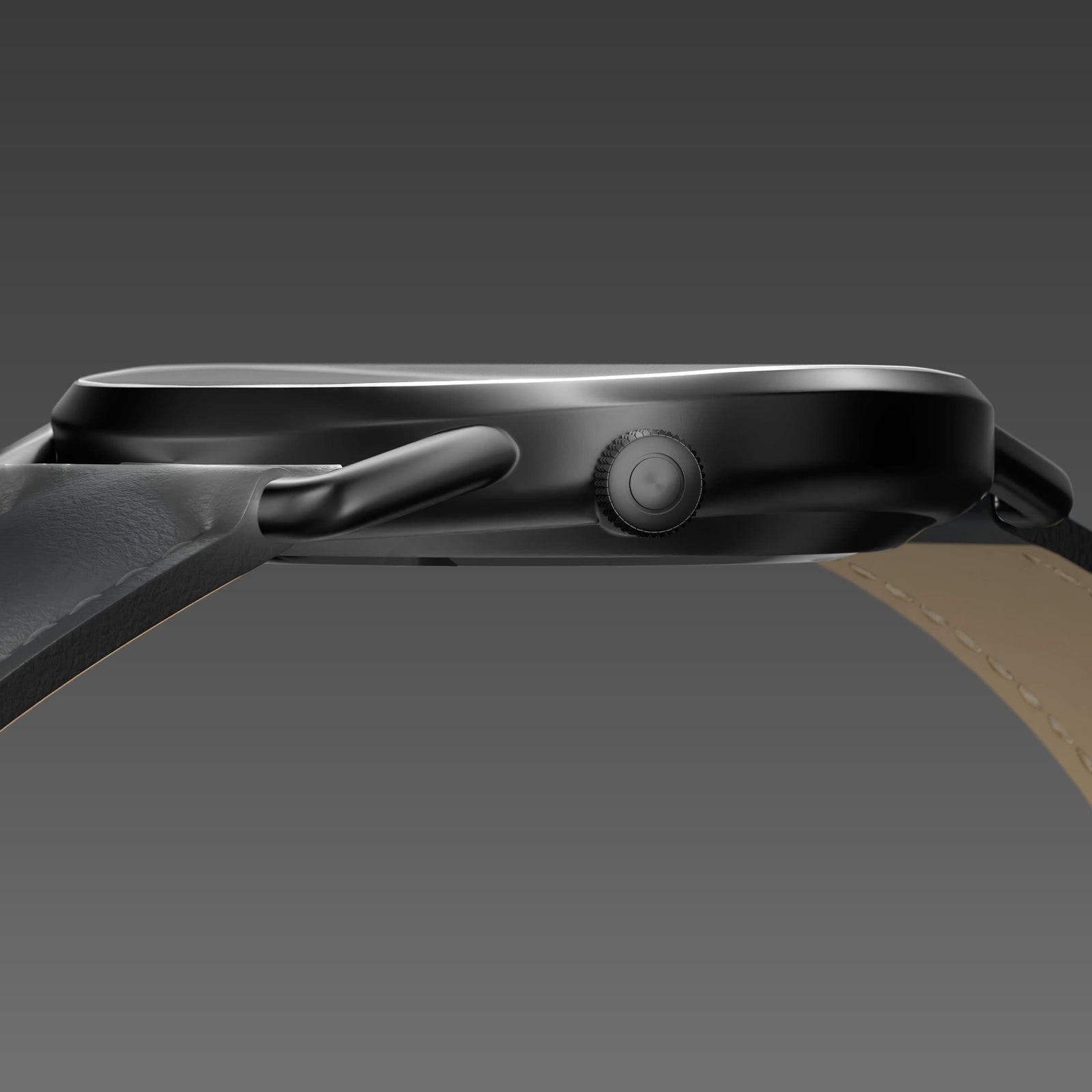 Side profile of the slim Solios Solar Curve, 10mm-thin mat black case and crown, the black dial variation, black eco vegan leather strap