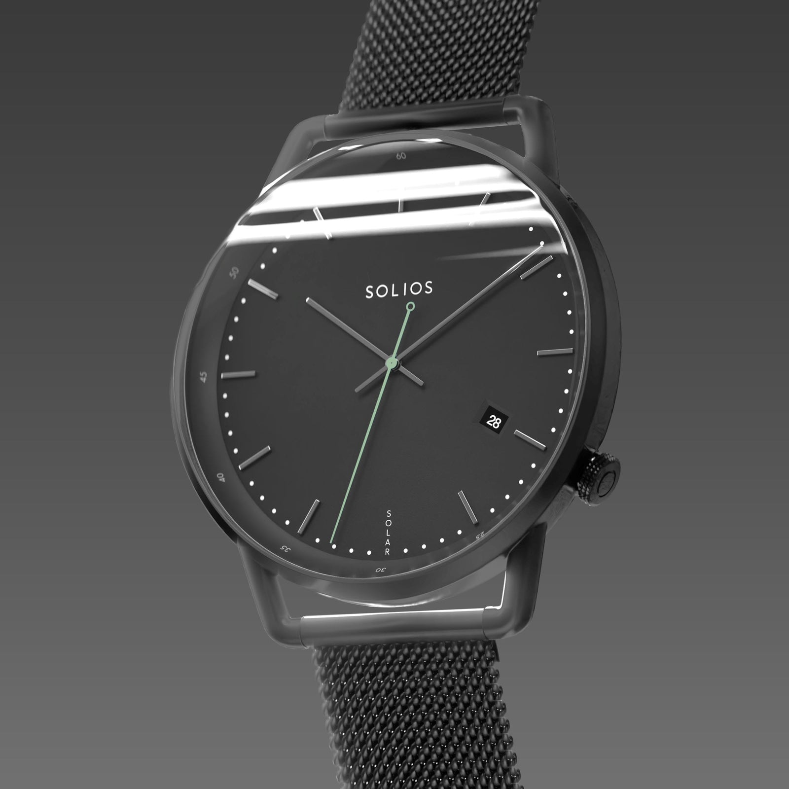 Solios Solar Curve, black dial and mat black case, at a three-quarter angle, silver hands and indices, green second hand, date calendar, curved sapphire crystal, mat black mesh metal strap