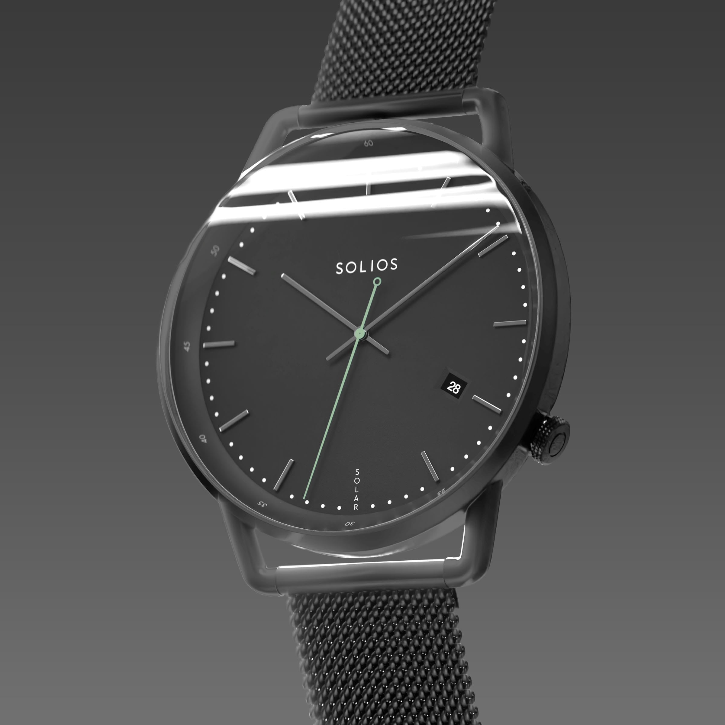 Solios Solar Curve, black dial and mat black case, at a three-quarter angle, silver hands and indices, green second hand, date calendar, curved sapphire crystal, mat black mesh metal strap