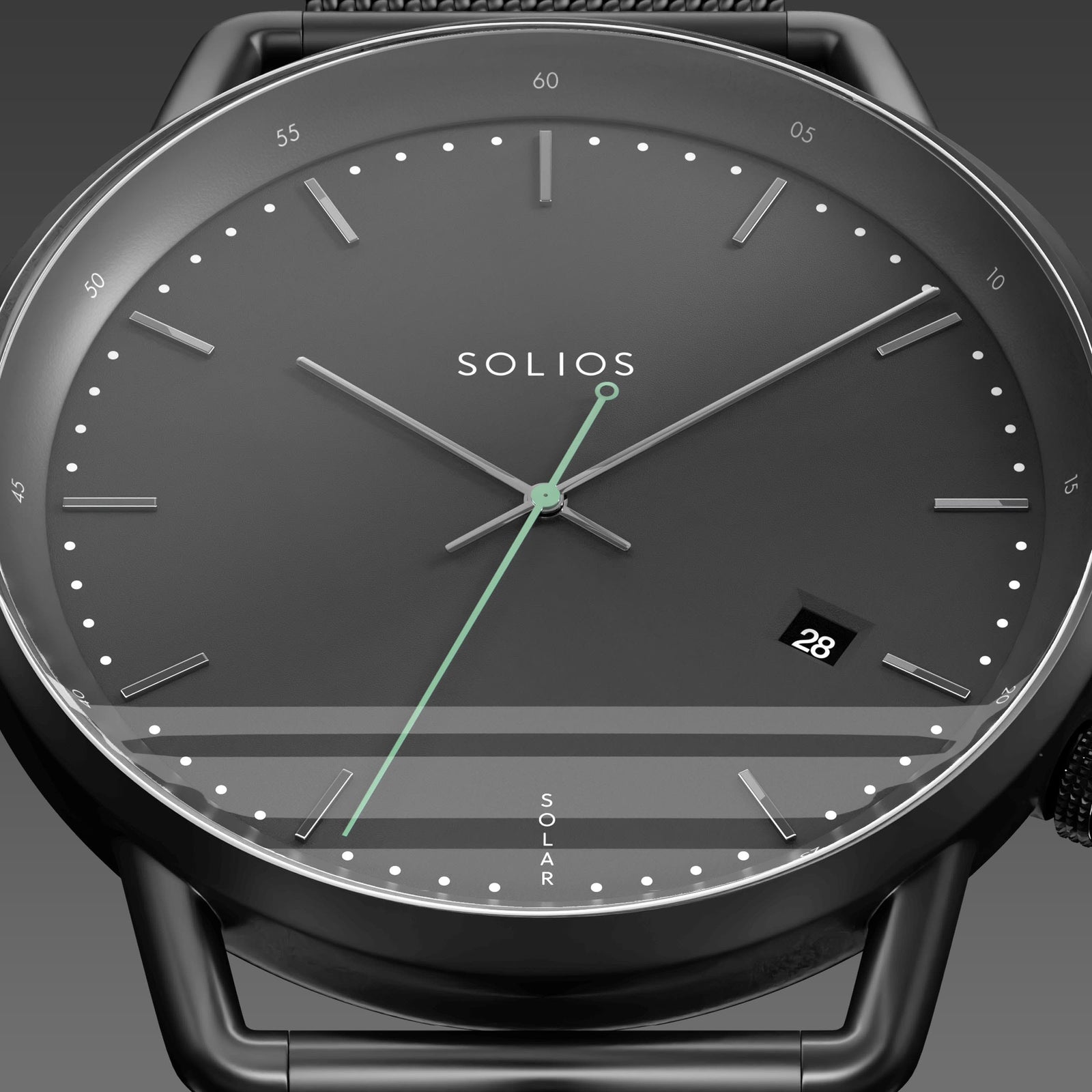 Close-up of the Solios Solar Curve black dial with silver hands hands, green second hand, date and SOLAR text, mat black mesh strap