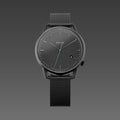 Solios Solar Curve watch, black dial and mat black 40mm case, on a mat black mesh metal strap, front view