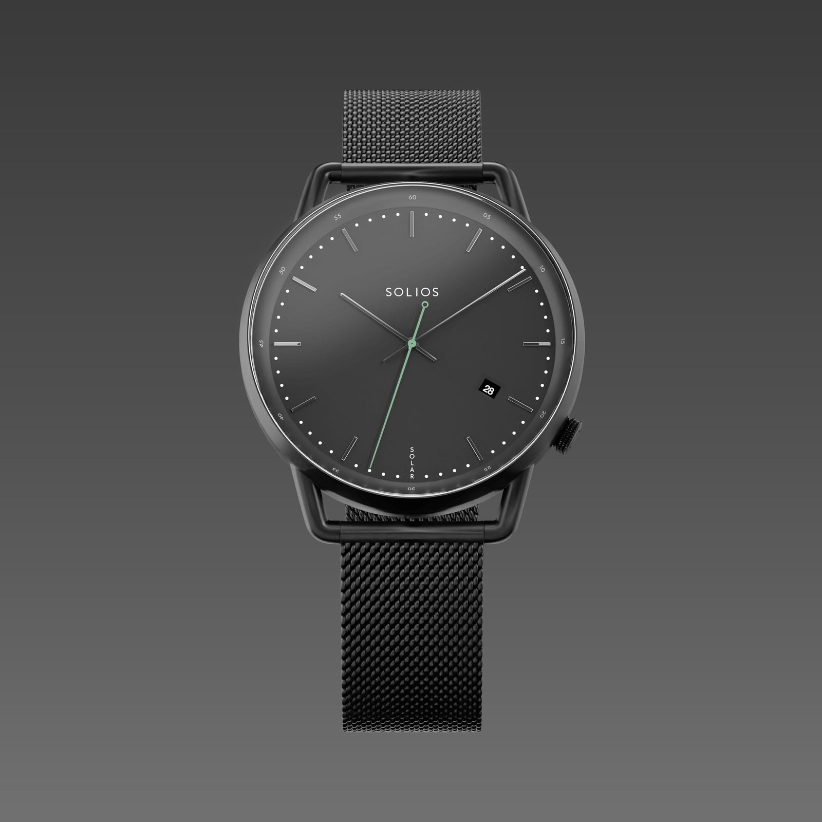 Solios Solar Curve watch, black dial and mat black 40mm case, on a mat black mesh metal strap, front view