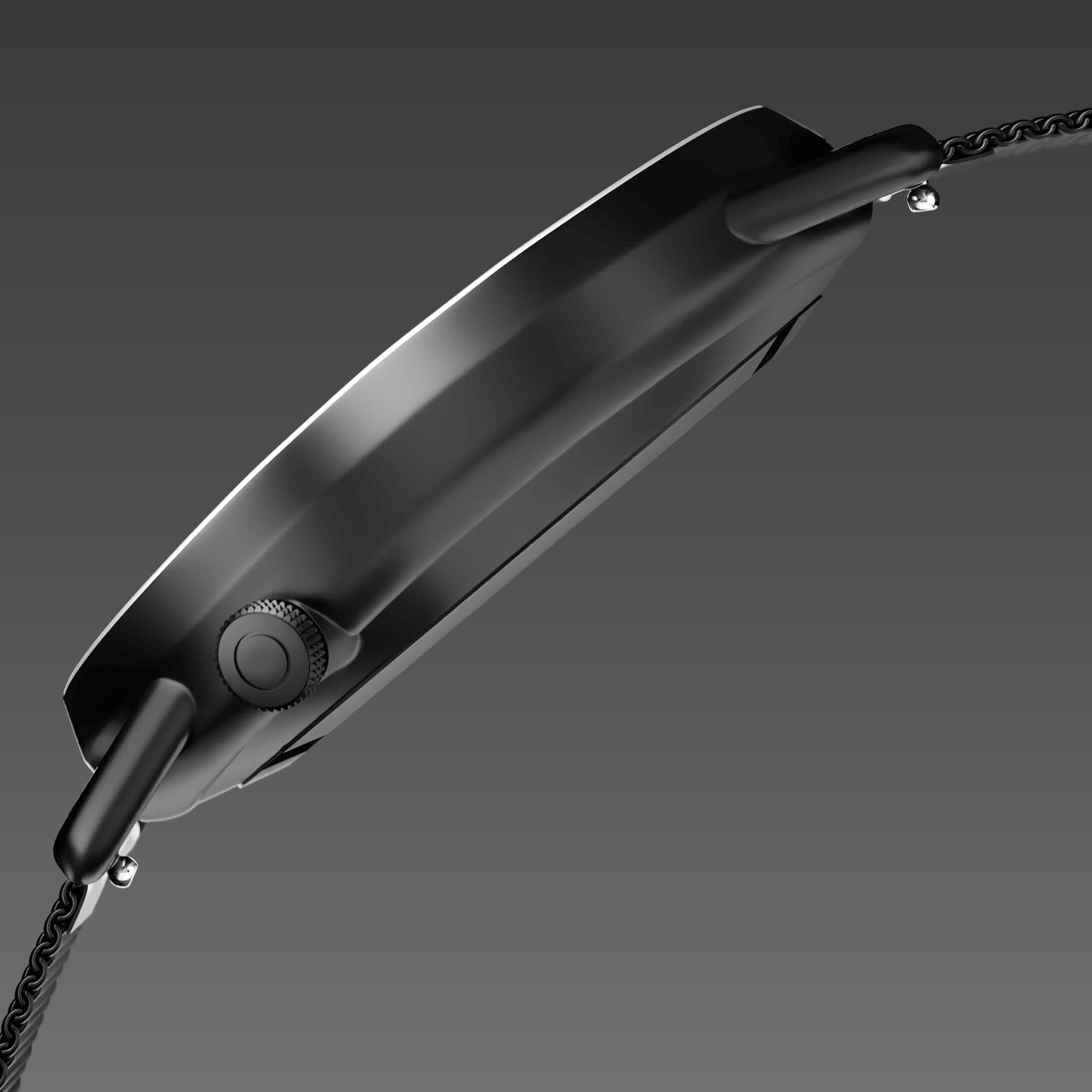 Side profile of the Solios Solar Curve, black dial and mat black case, showing its curved sapphire crystal and crown, mat black mesh metal strap