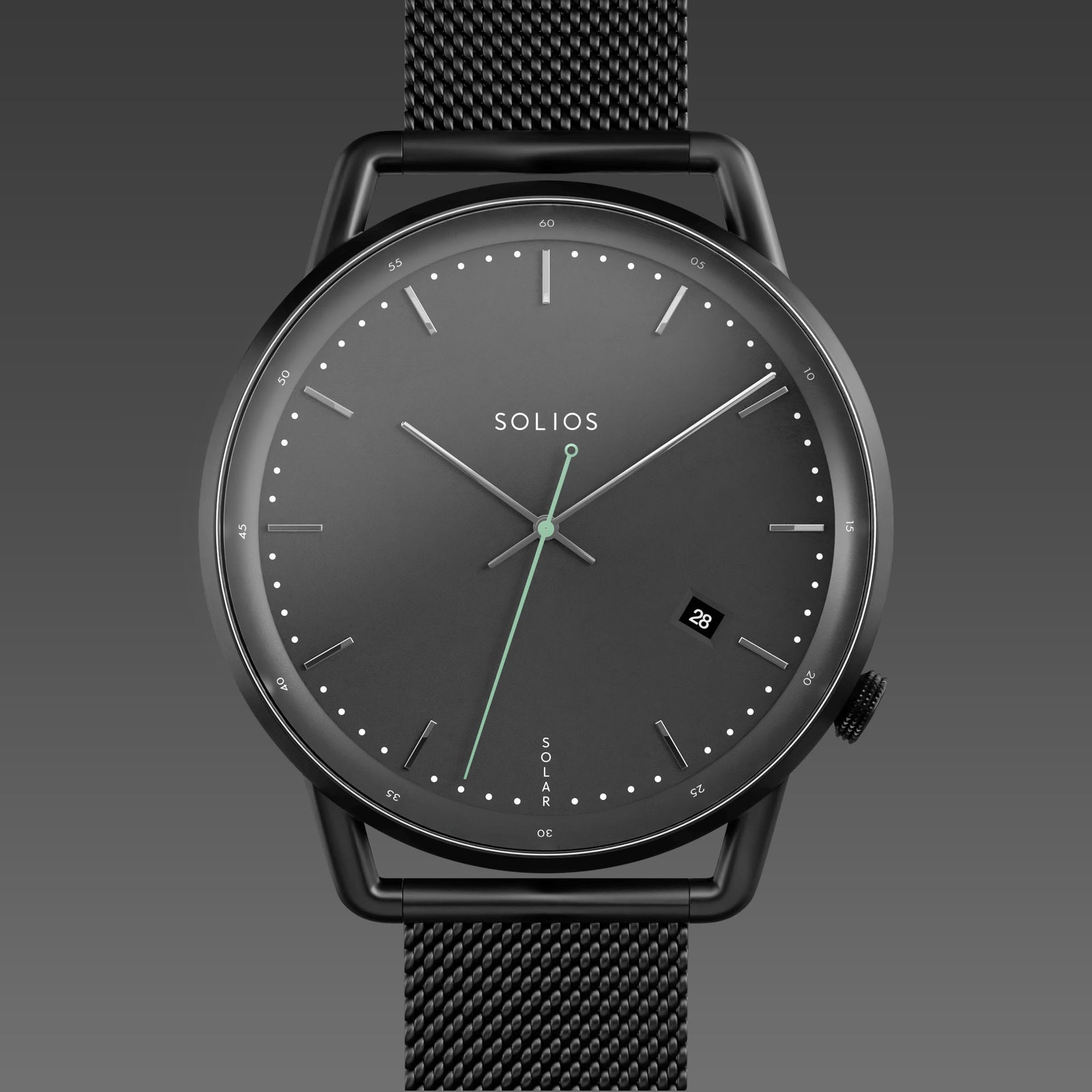 Solios Solar Curve solar watch, black dial and mat black 40mm case, mat black mesh metal strap, close up front view