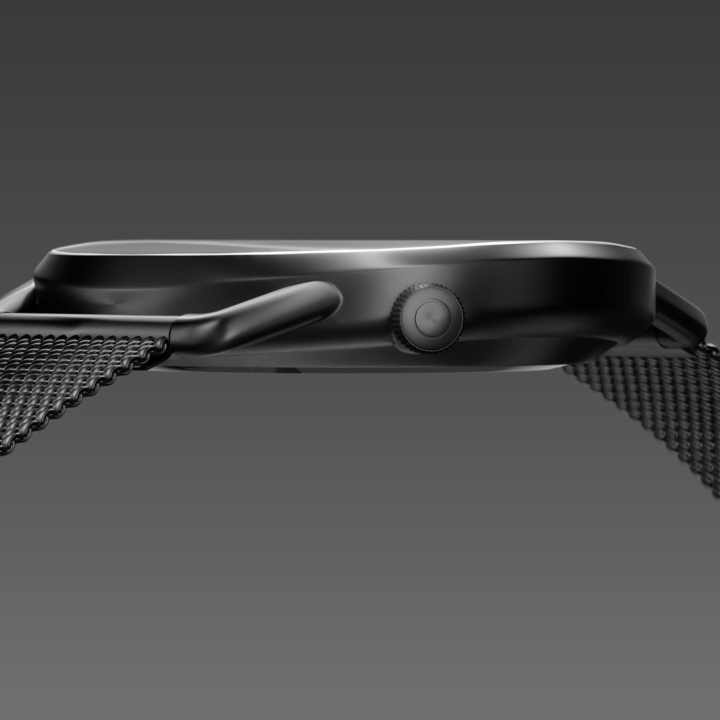 Side profile of the slim Solios Solar Curve, 10mm-thin mat black case and crown, the black dial variation, mat black mesh strap