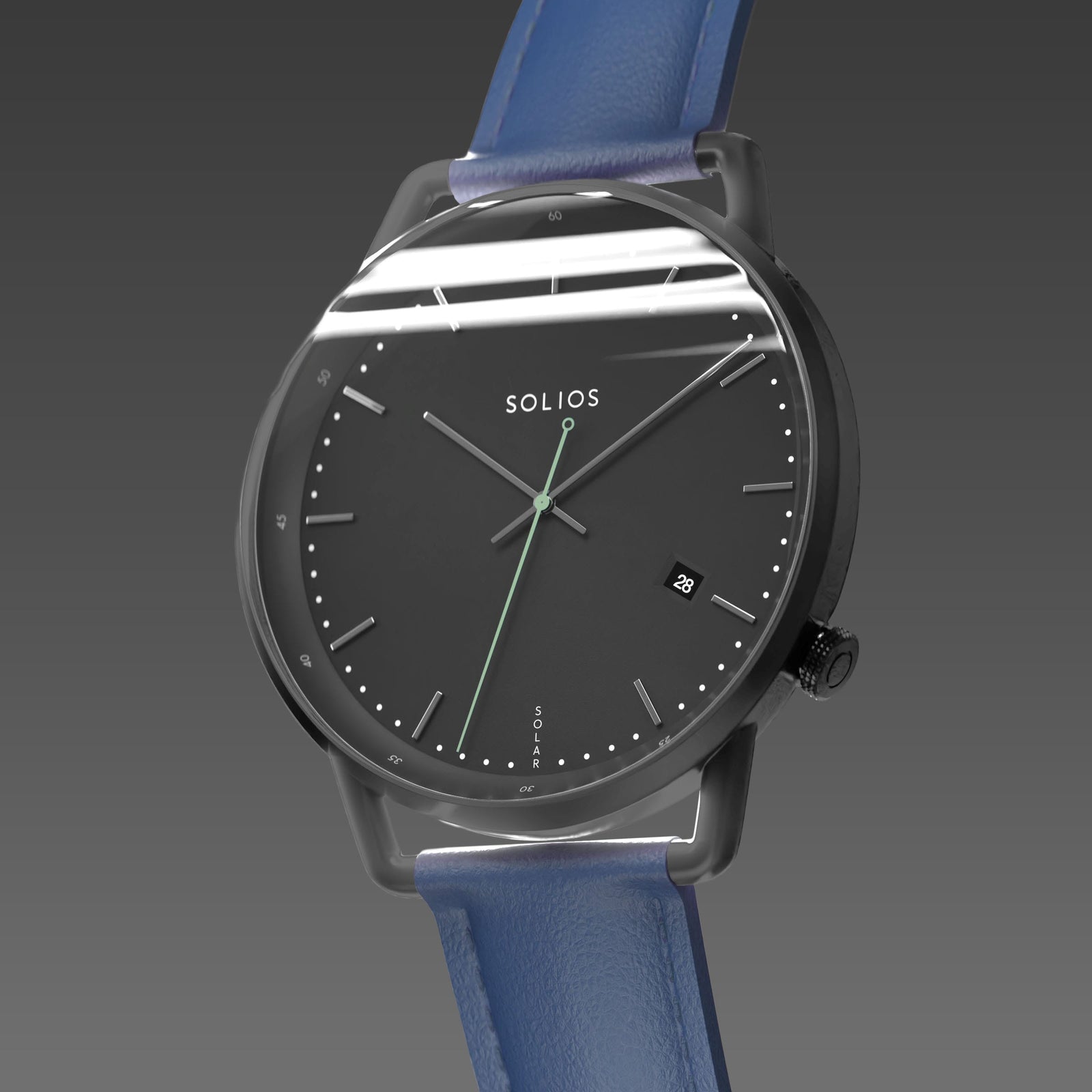 Solios Solar Curve, black dial and mat black case, at a three-quarter angle, silver hands and indices, green second hand, date calendar, curved sapphire crystal, blue vegan leather strap