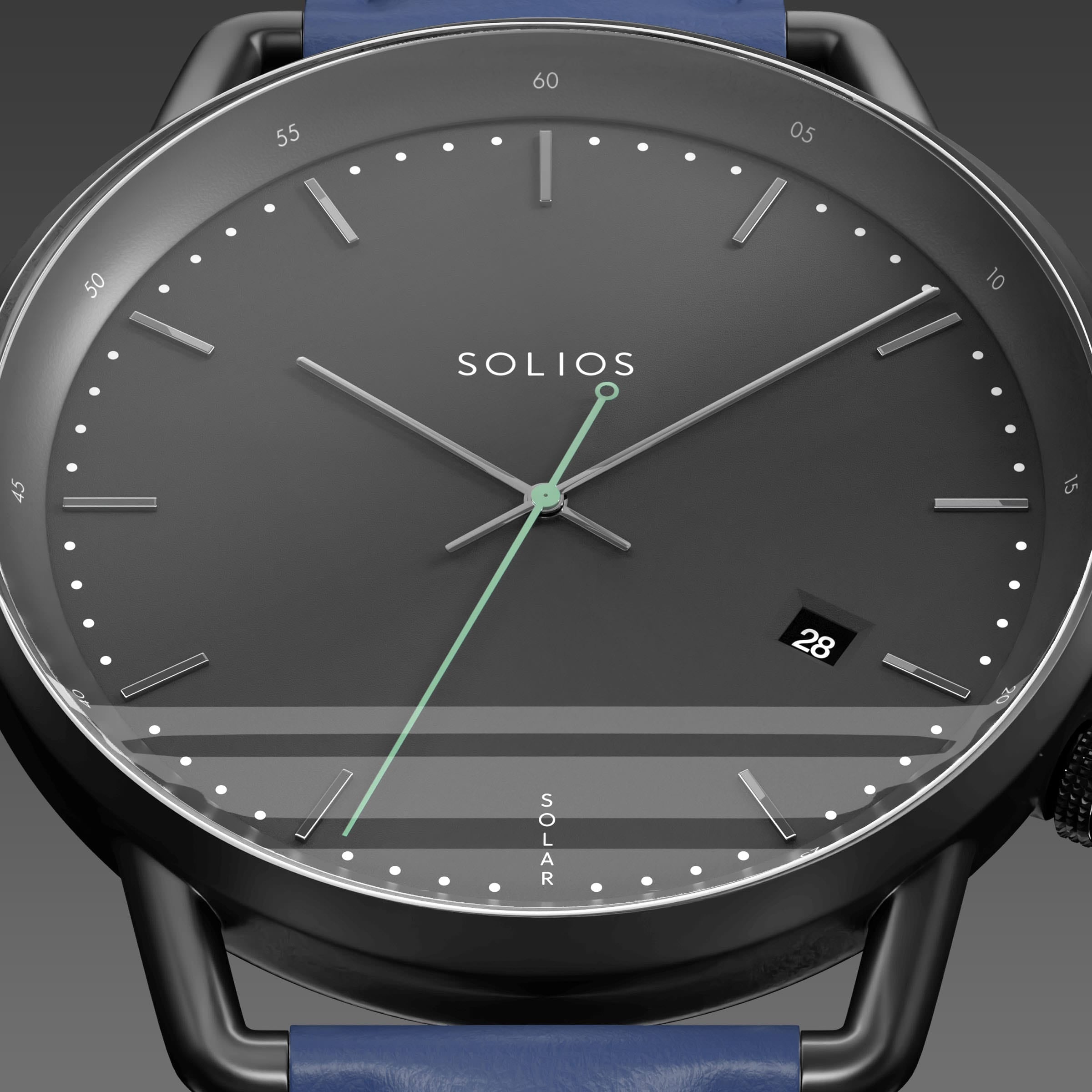 Close-up of the Solios Solar Curve black dial with silver hands hands, green second hand, date and SOLAR text, blue eco vegan leather strap