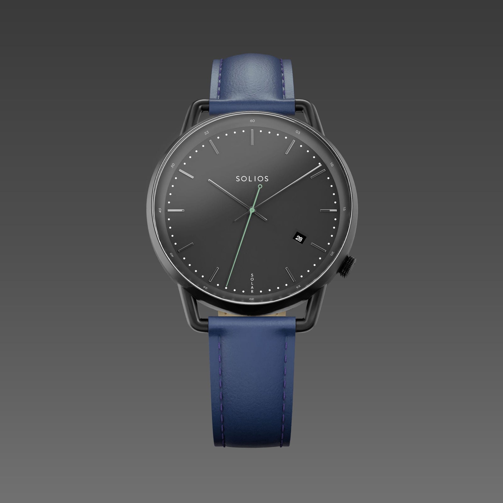 Solios Solar Curve watch, black dial and mat black 40mm case, on a blue vegan leather strap, front view